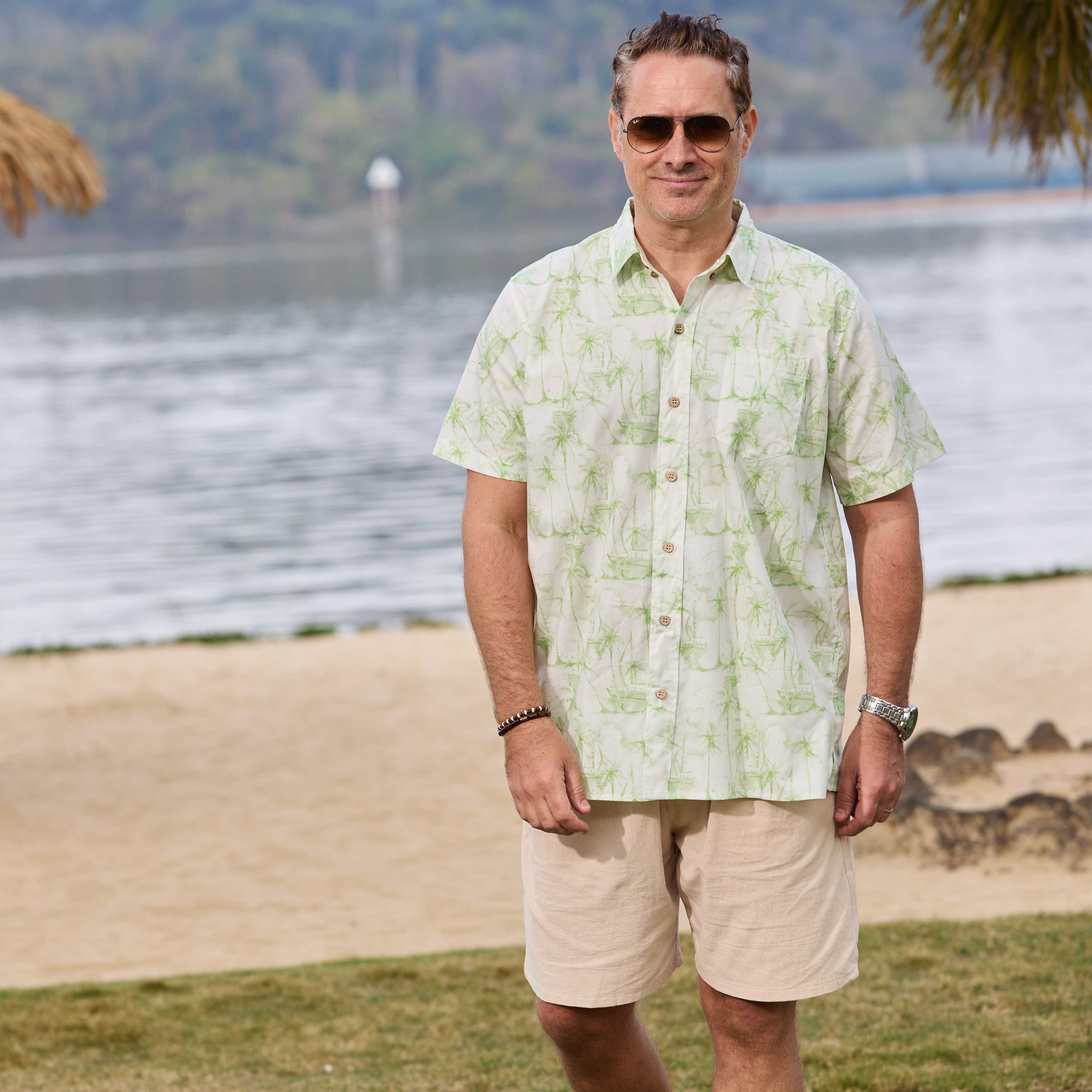 Trees & Boat Pattern Hawaiian Shirt