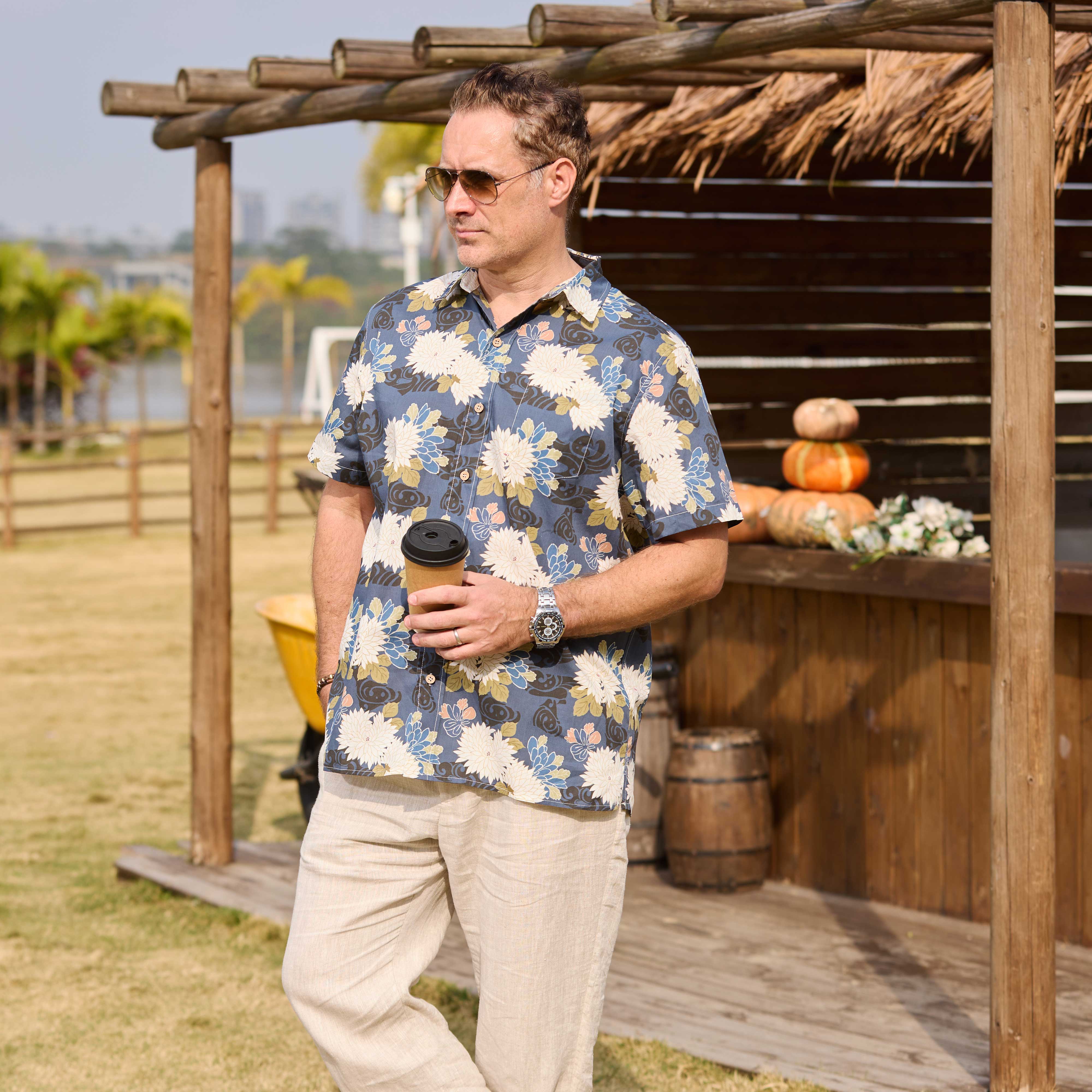 Navy Brocade Chrysanthemum Print Shirt