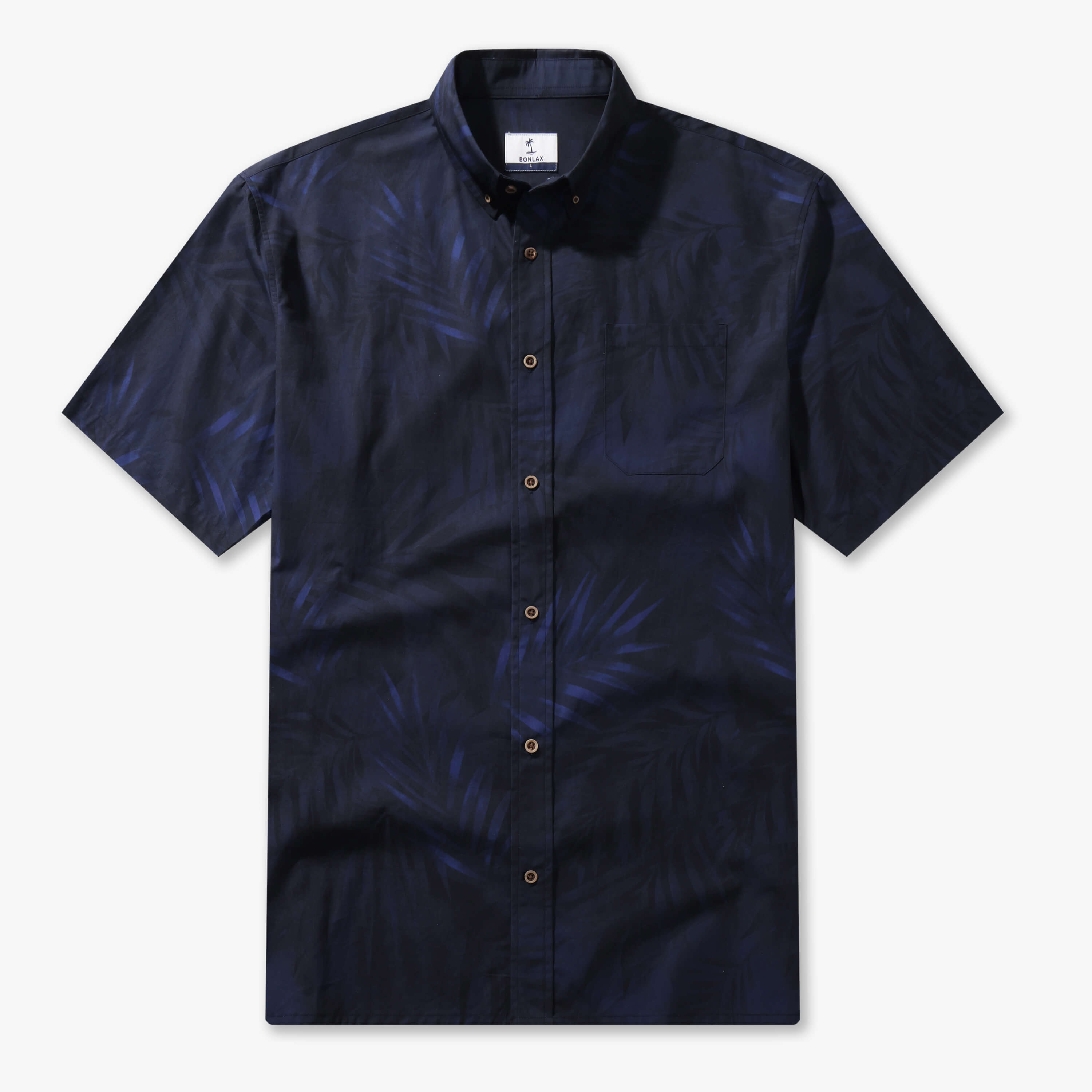 Men’s Shadow Palm 100% cotton short-sleeve shirt in ink blue with a subtle tone-on-tone palm print, front view