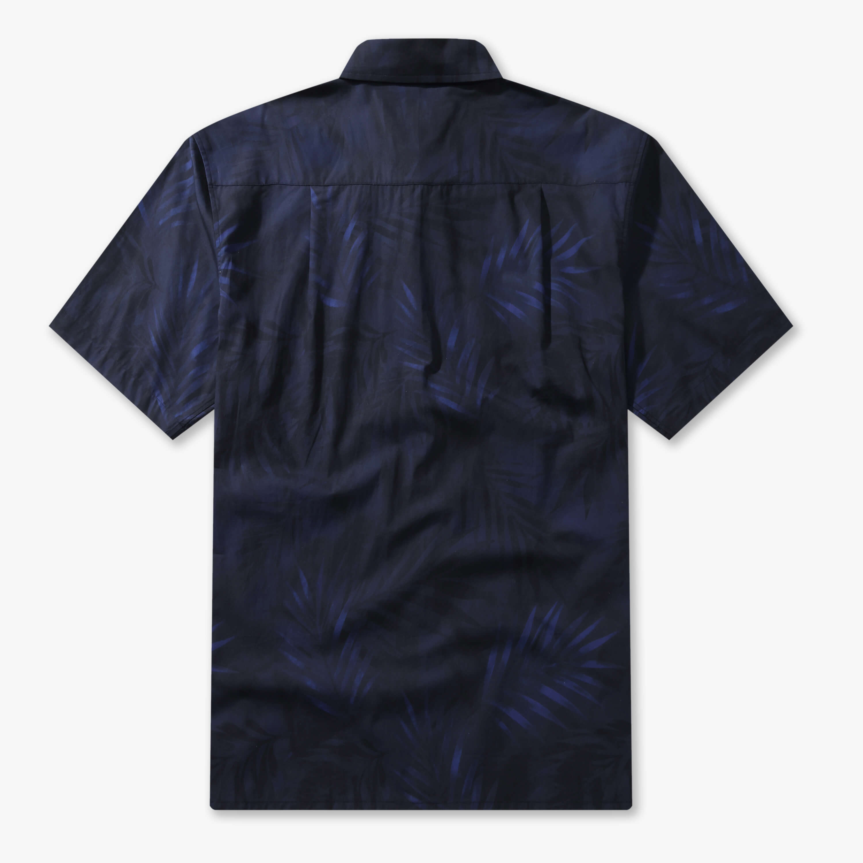 Back view of the men’s Shadow Palm 100% cotton short-sleeve shirt with a subtle tonal palm print