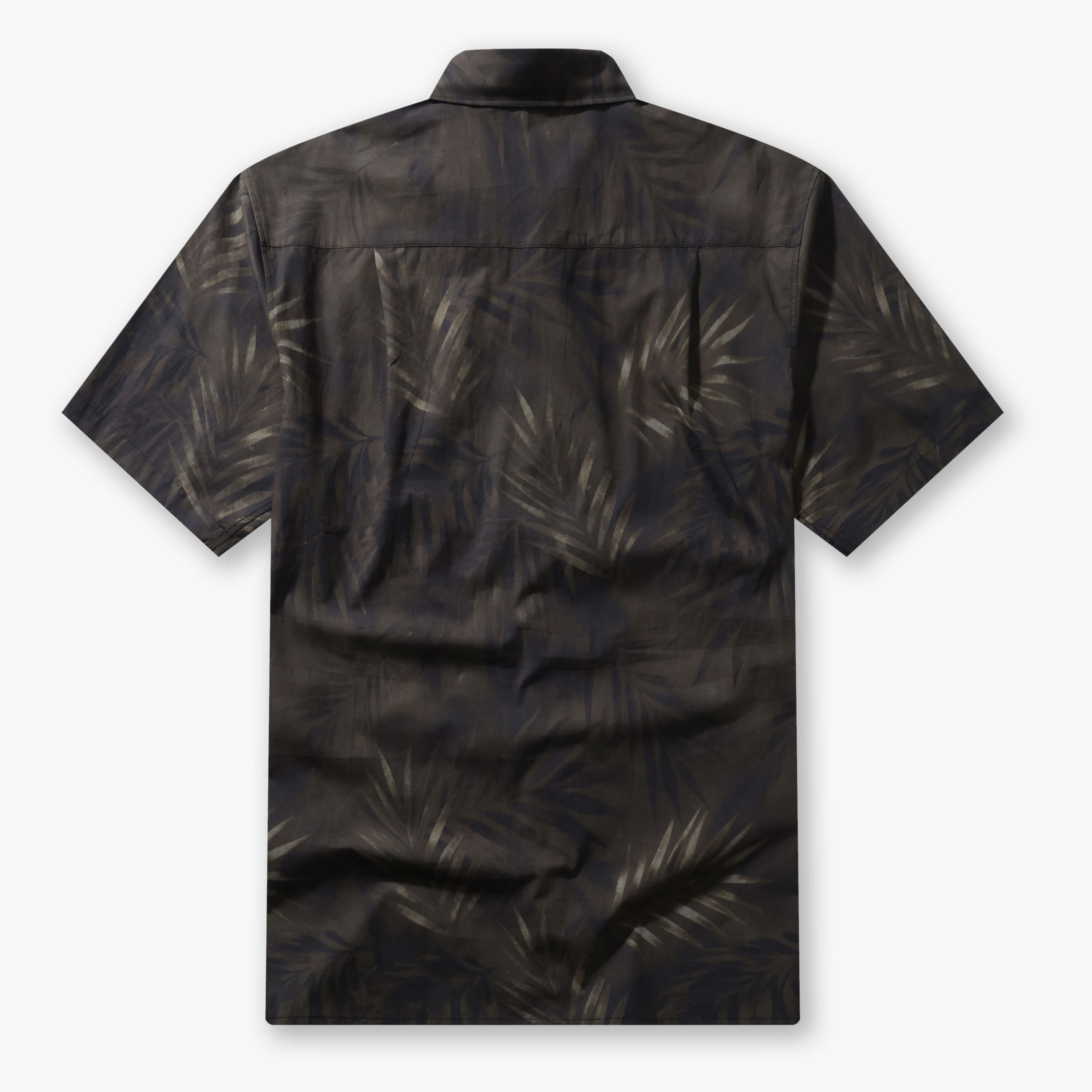 Back view of the men’s Shadow Palm 100% cotton short-sleeve shirt with a subtle tonal palm print