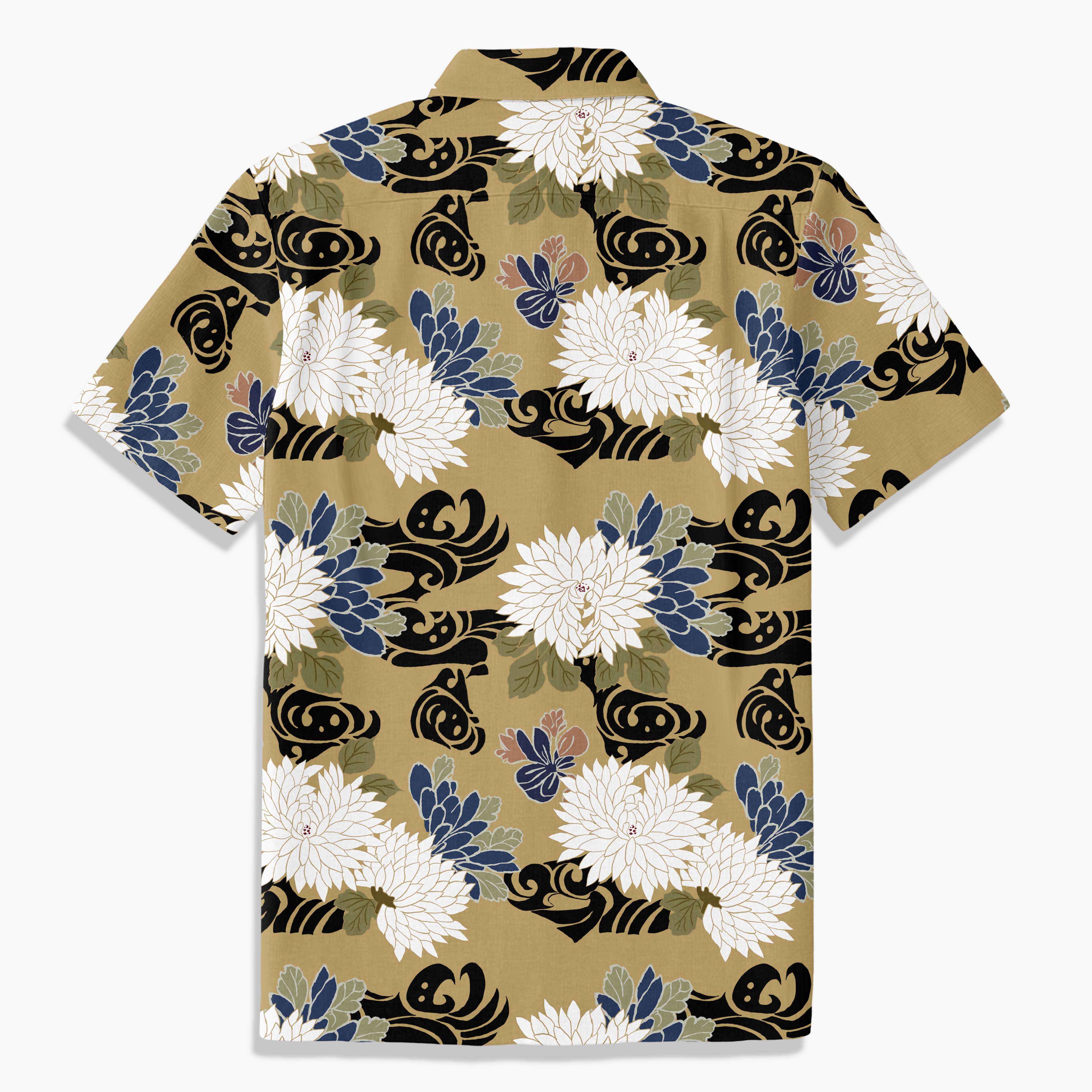 Navy Brocade Chrysanthemum Print Shirt