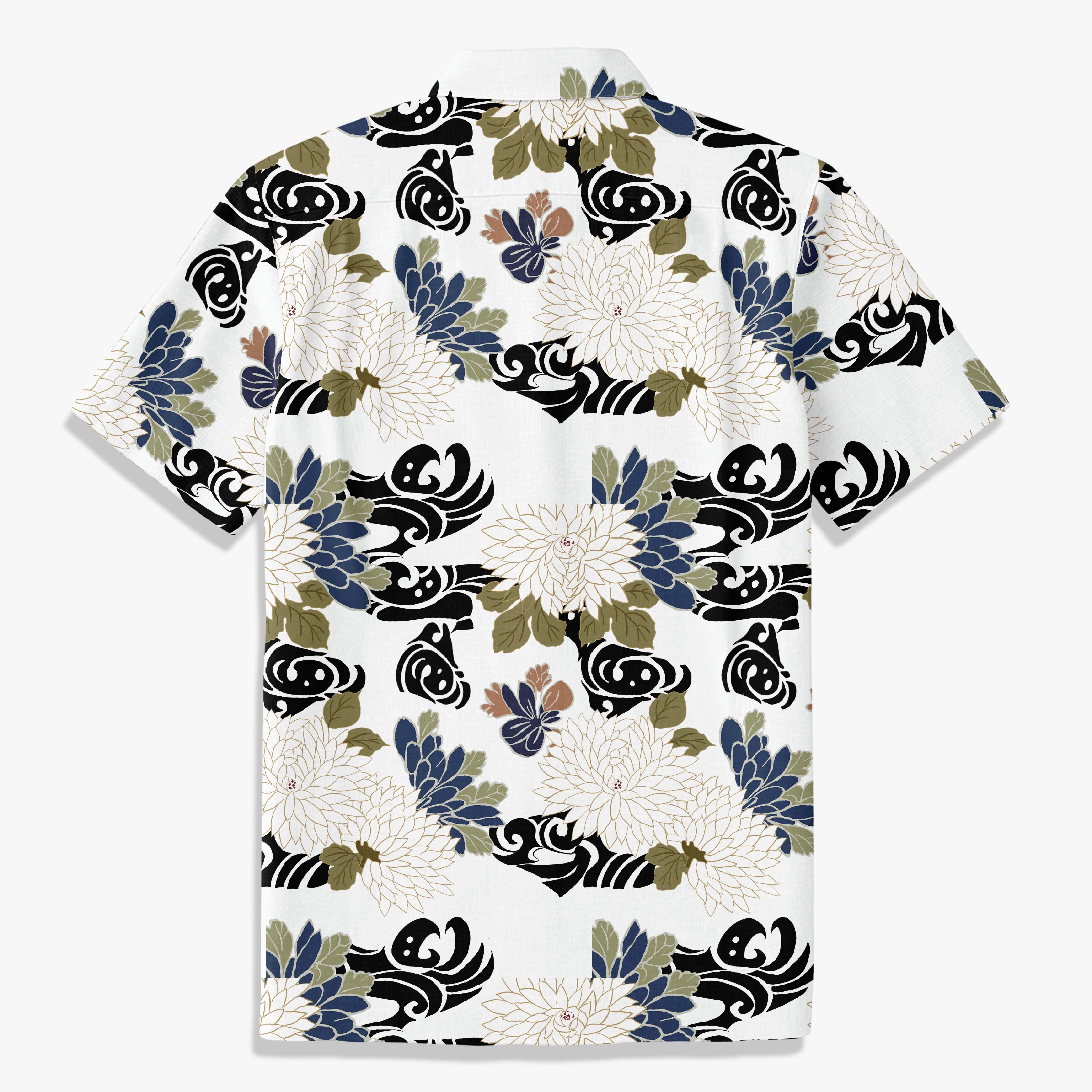 Navy Brocade Chrysanthemum Print Shirt