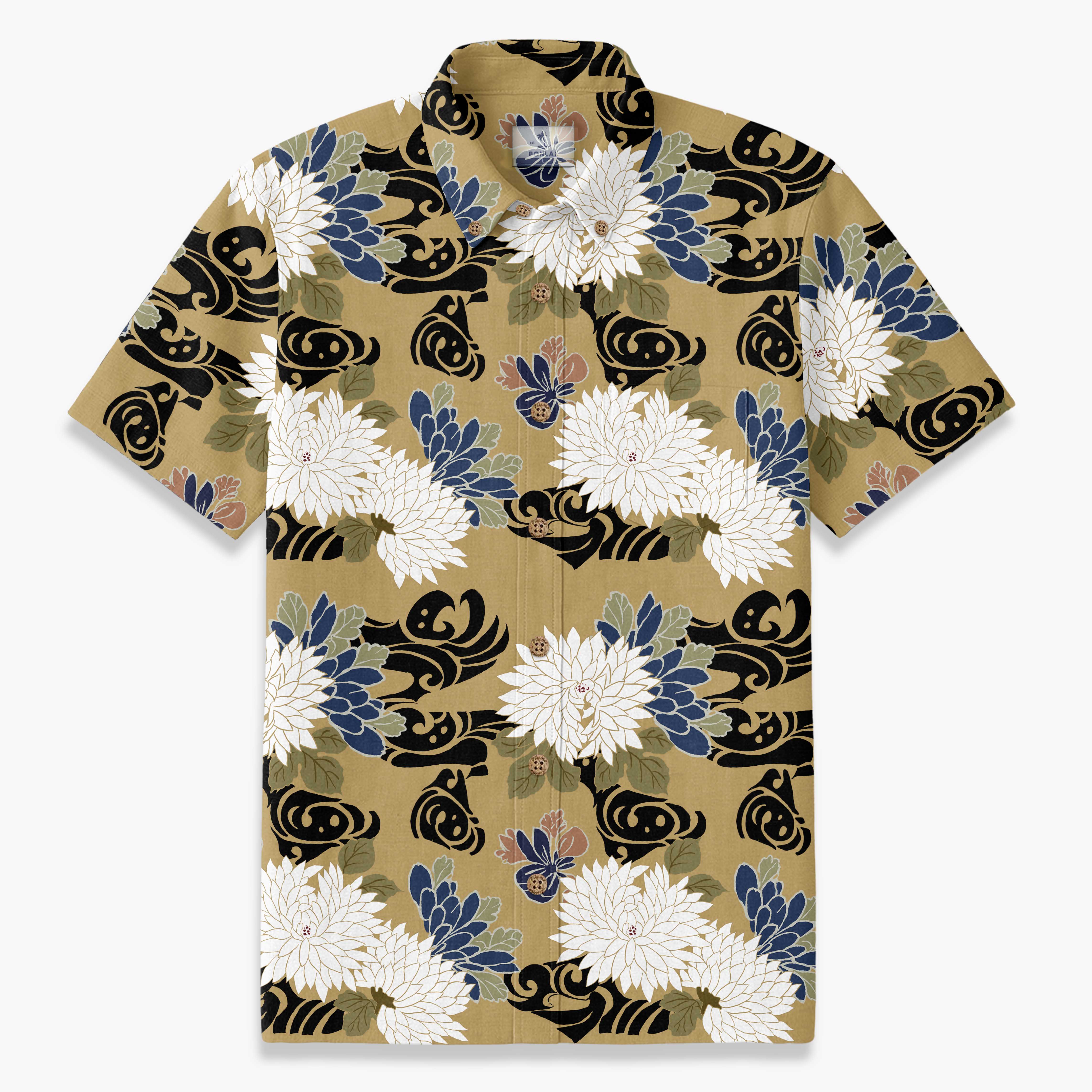 Navy Brocade Chrysanthemum Print Shirt