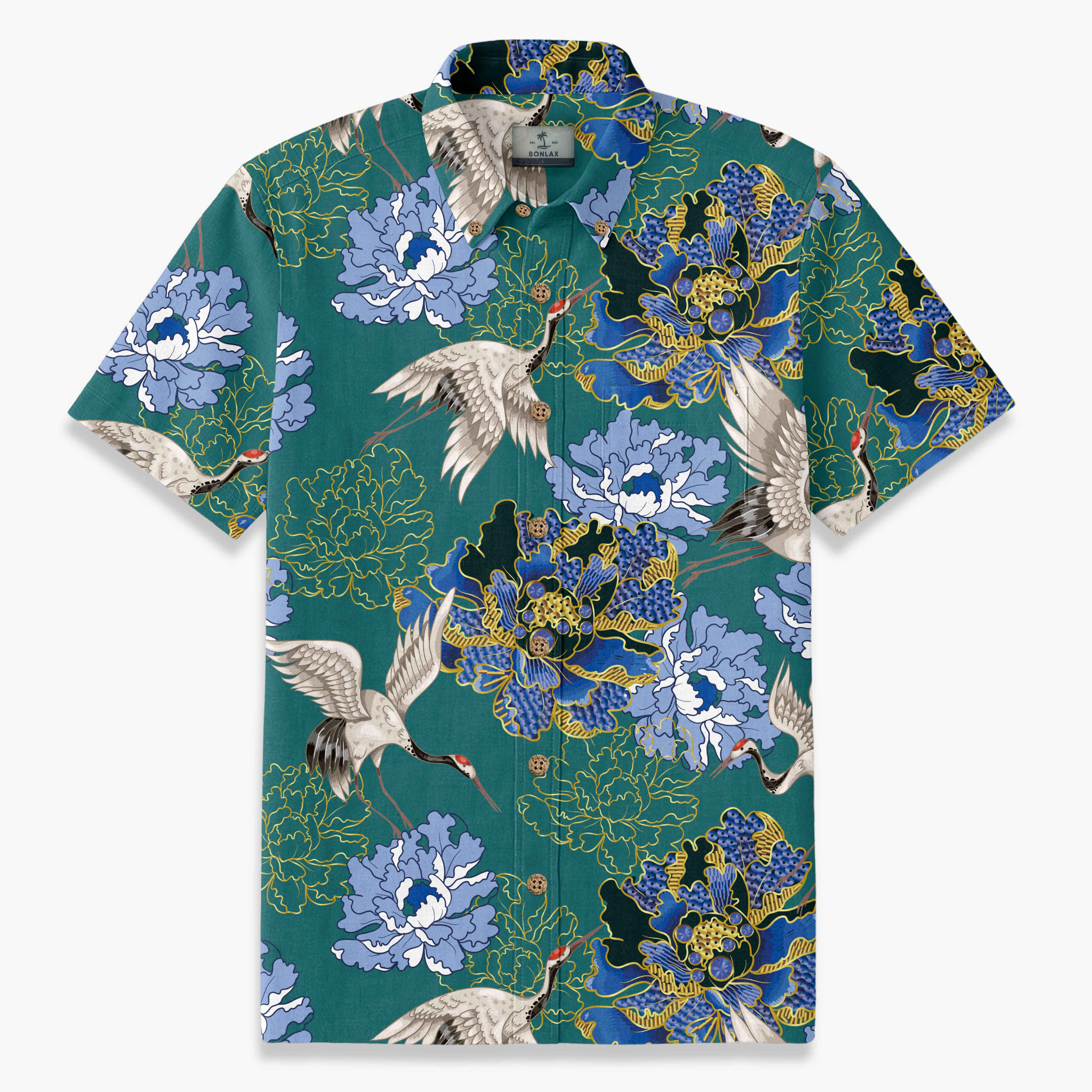 Crane Perched on Blue Peonies