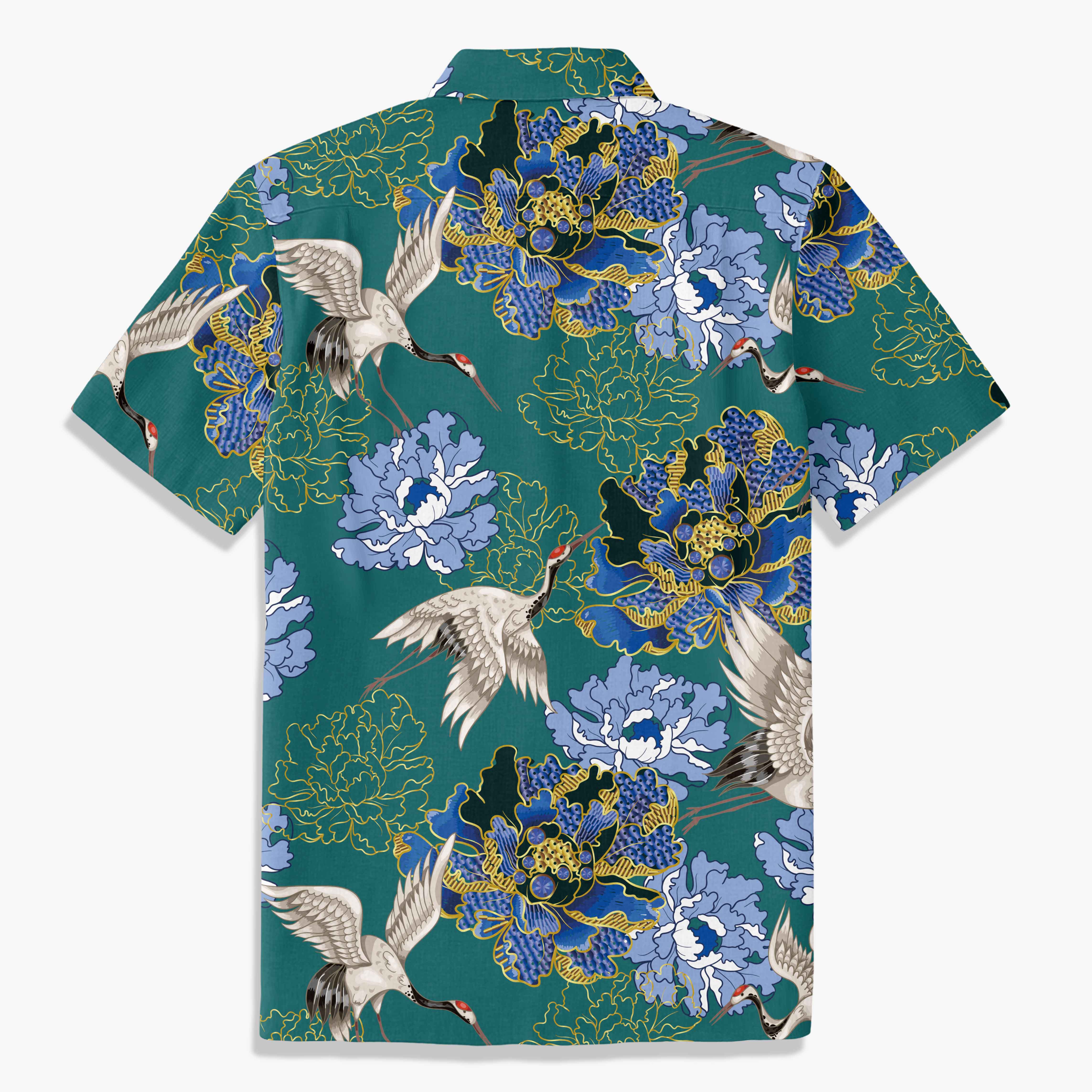 Crane Perched on Blue Peonies