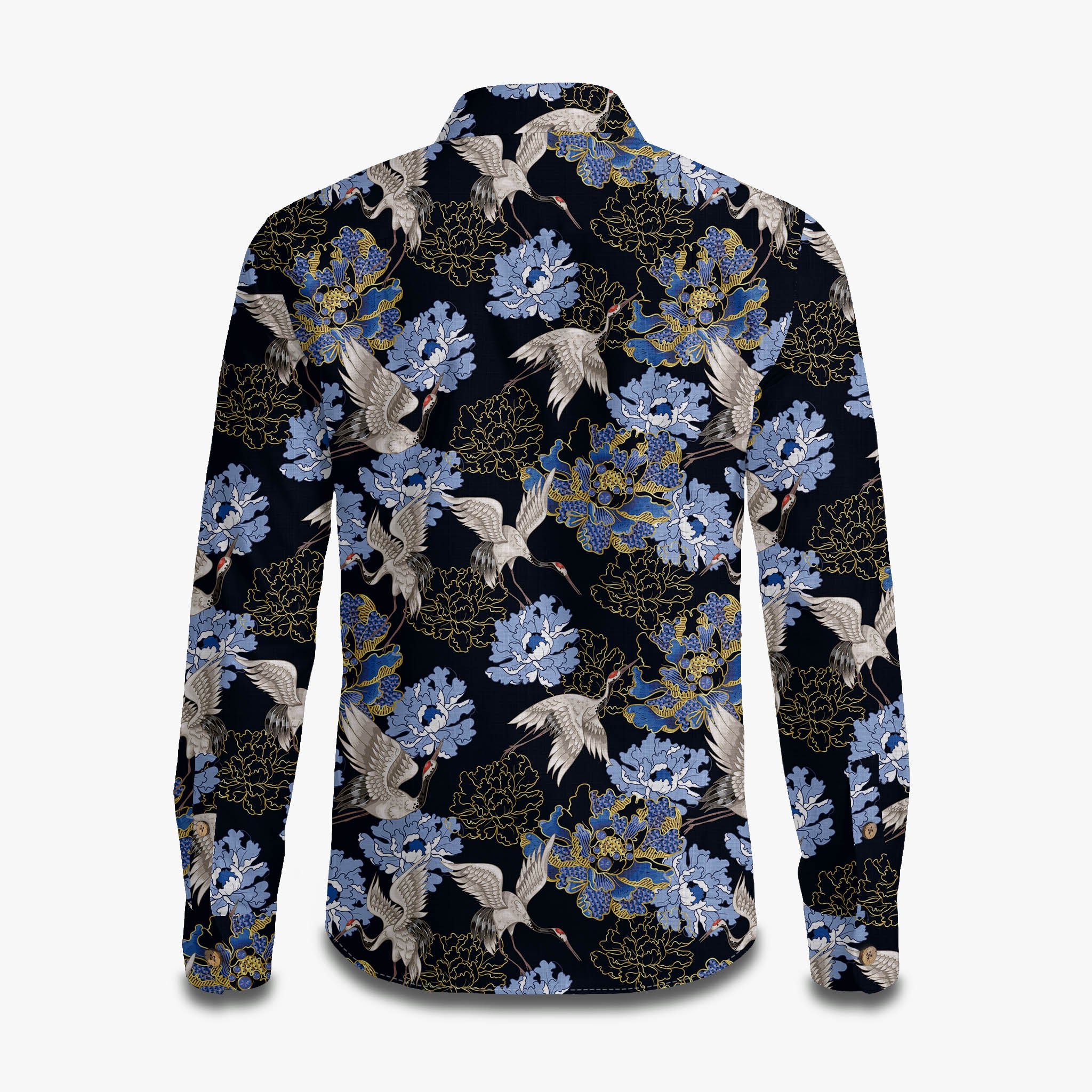 Crane Perched on Blue Peonies Long Sleeve Shirt