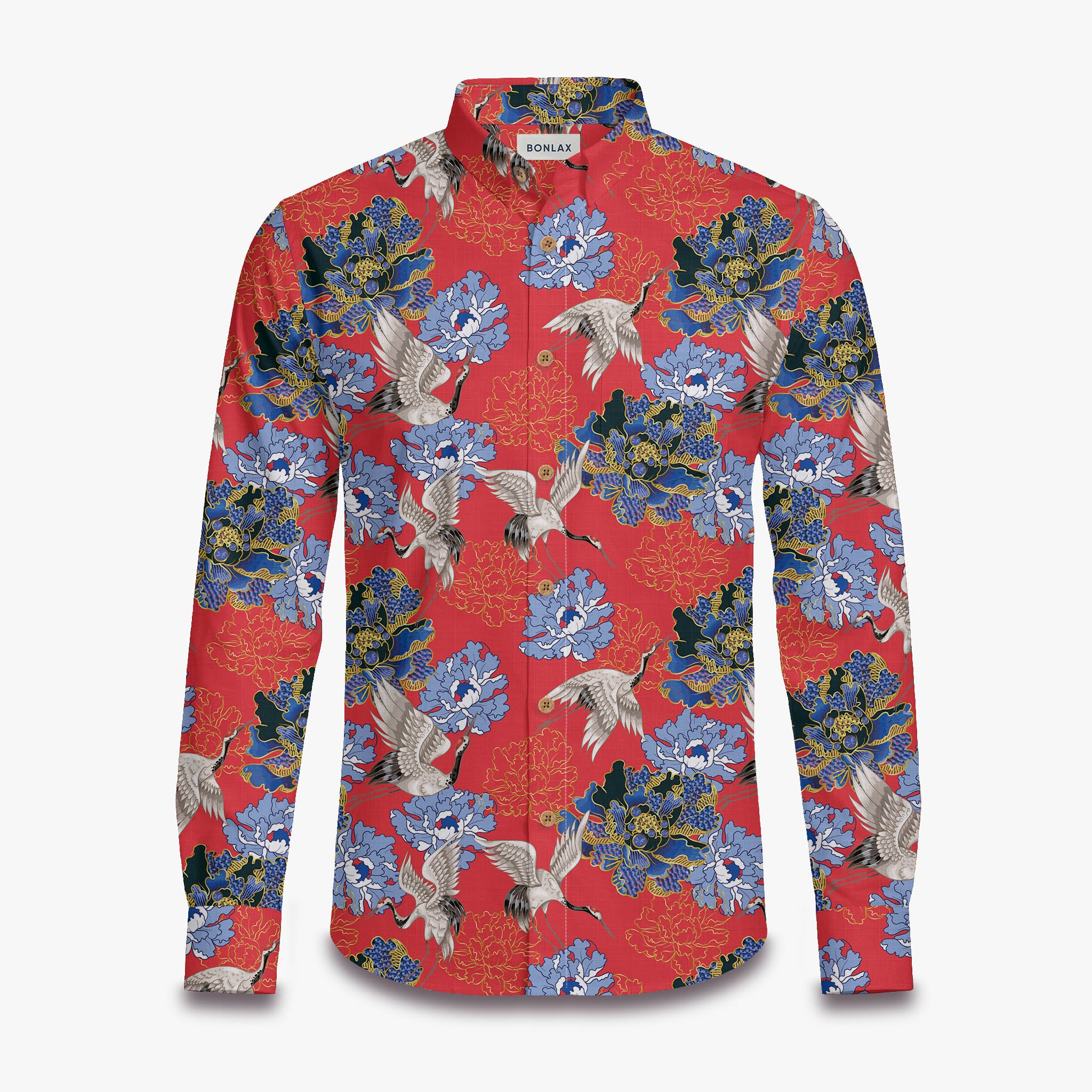 Crane Perched on Blue Peonies Long Sleeve Shirt