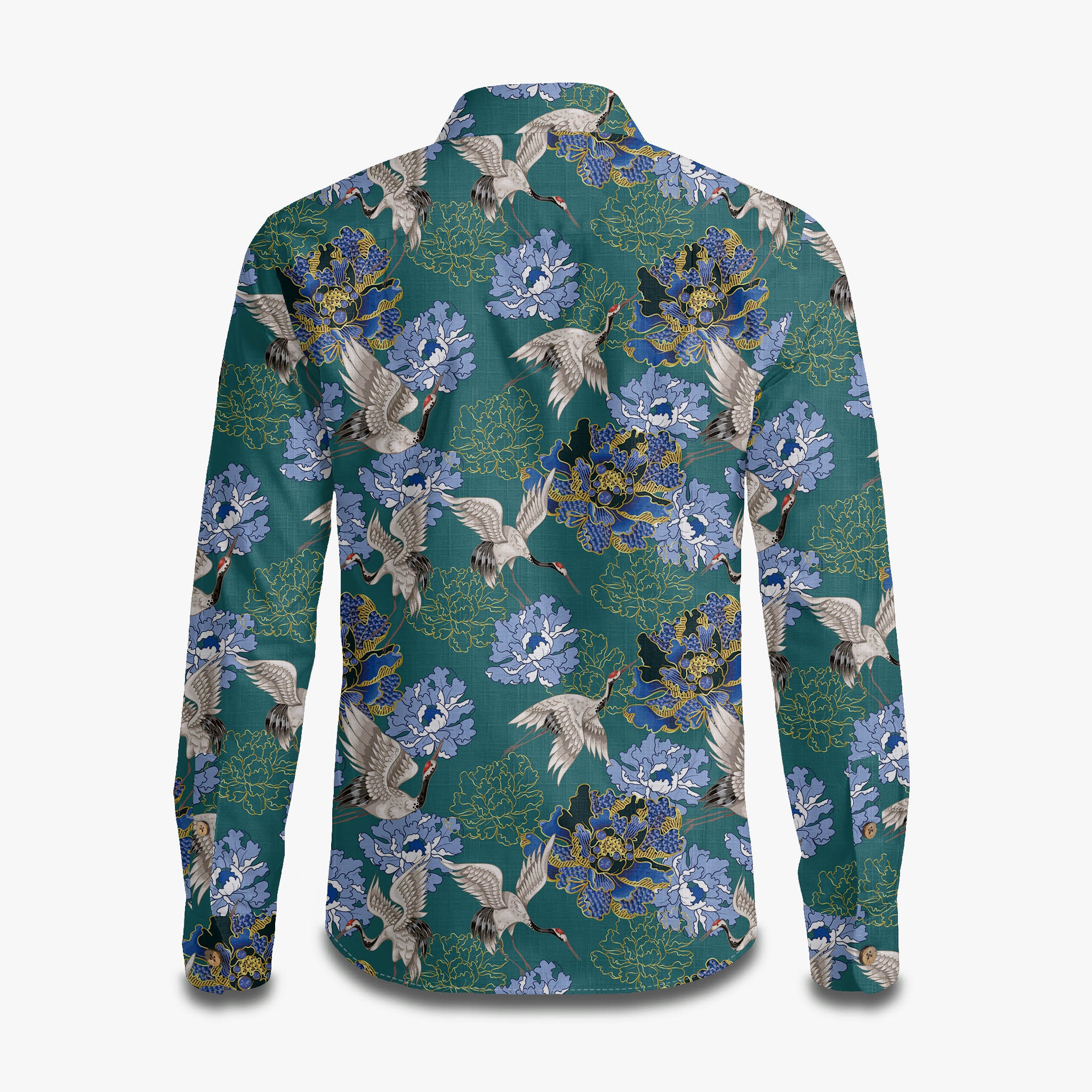 Crane Perched on Blue Peonies Long Sleeve Shirt