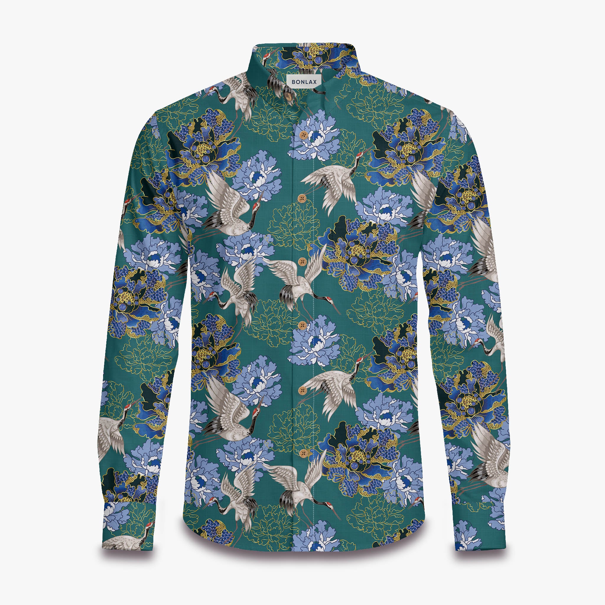 Crane Perched on Blue Peonies Long Sleeve Shirt