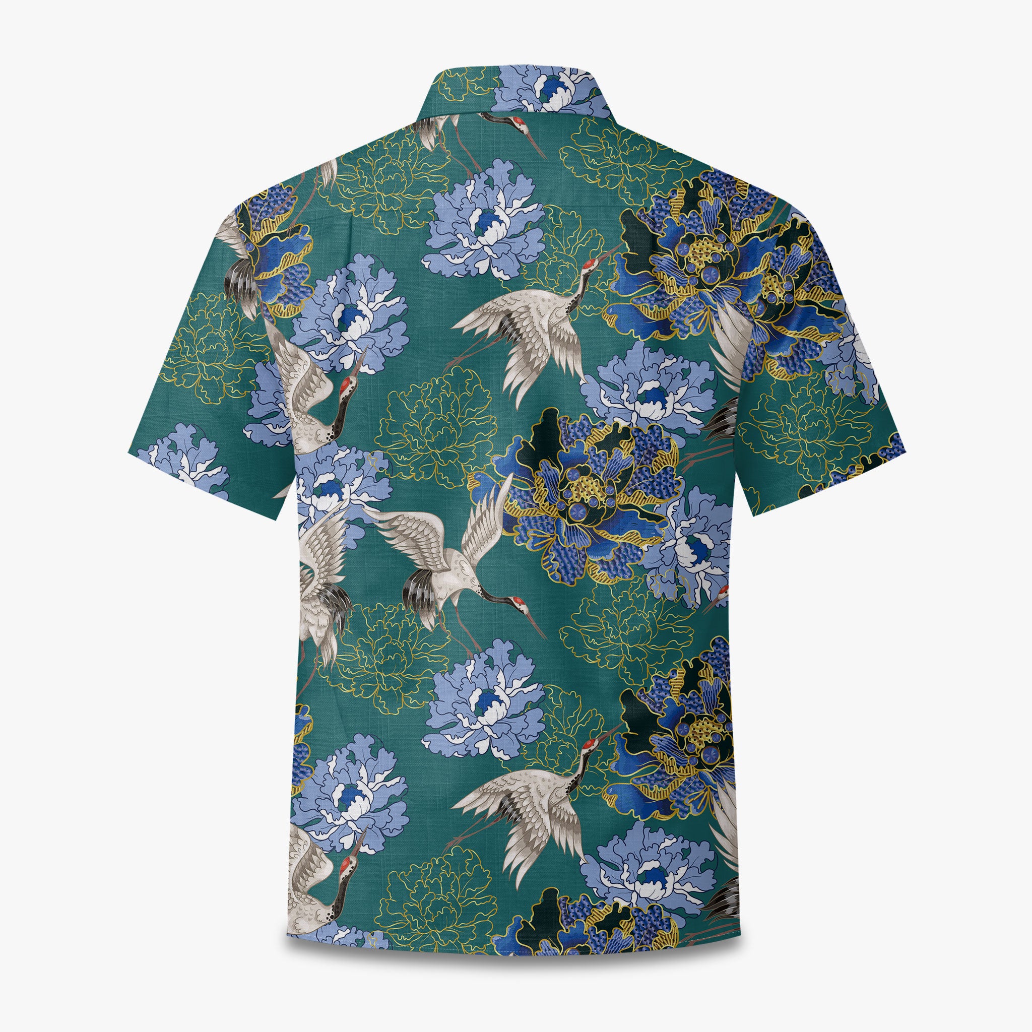 Crane Perched on Blue Peonies Camp Shirt
