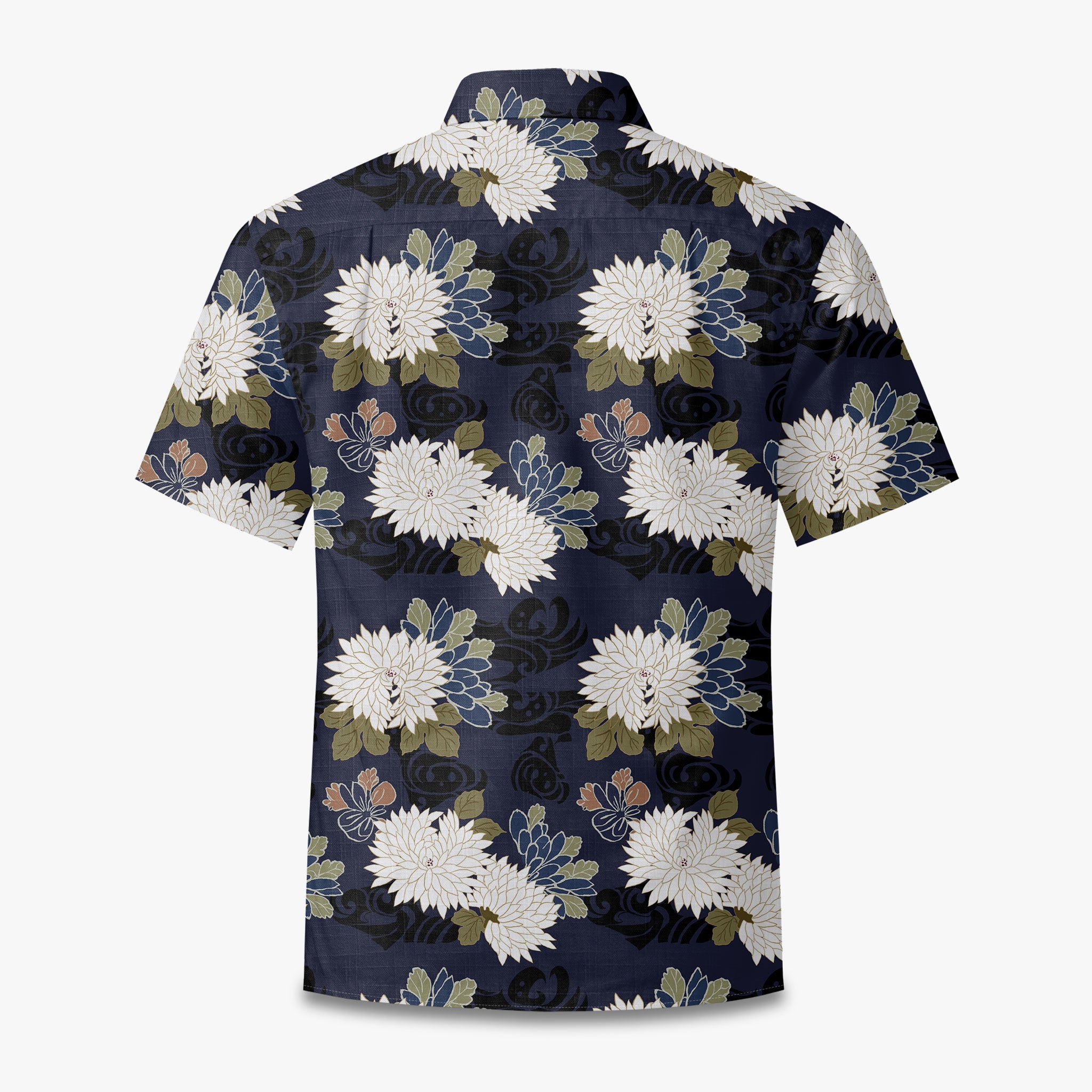 Navy Brocade Chrysanthemum Camp Shirt