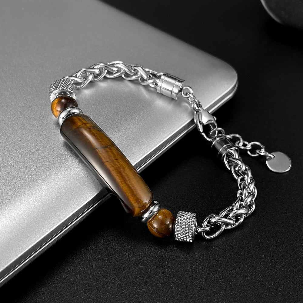Stylish Retro Men's Bracelet: Stainless Steel Chain Spliced with Tiger's Eye and Titanium Steel