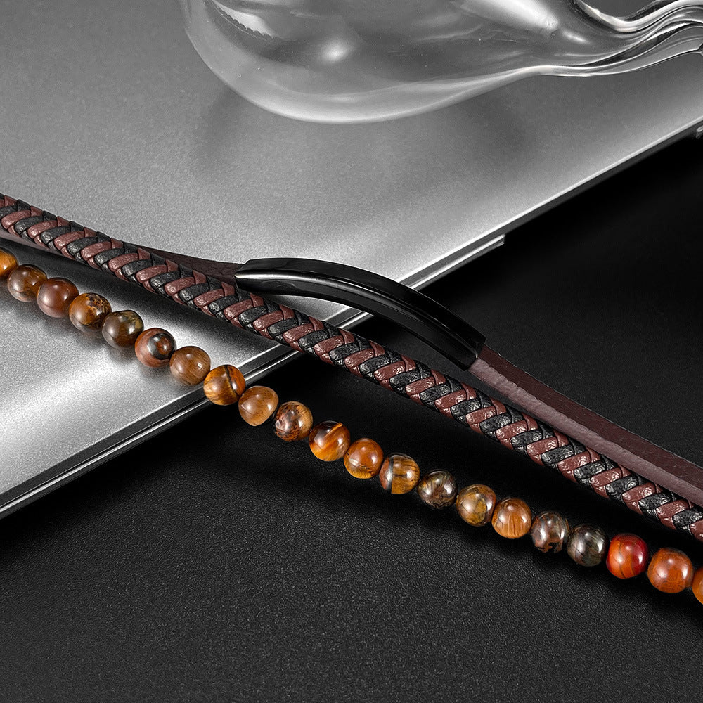 Street-style tiger's eye beaded bracelet – distinctive vintage multi-layer braided leather design