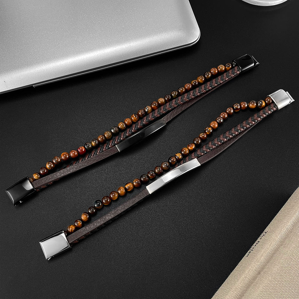 Street-style tiger's eye beaded bracelet – distinctive vintage multi-layer braided leather design