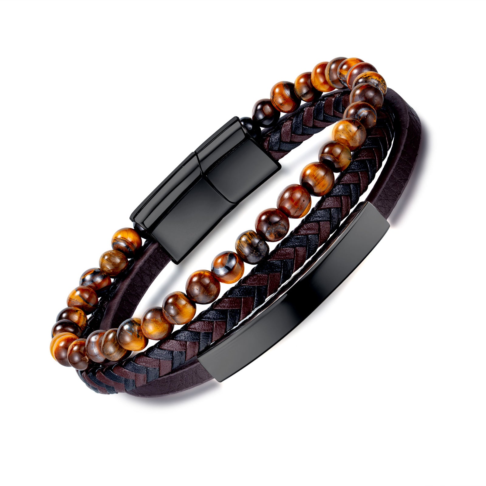 Street-style tiger's eye beaded bracelet – distinctive vintage multi-layer braided leather design
