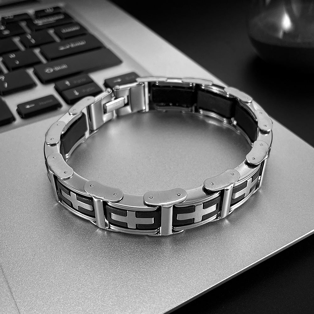 Classic Stainless Steel and Silicone Cross Bracelet