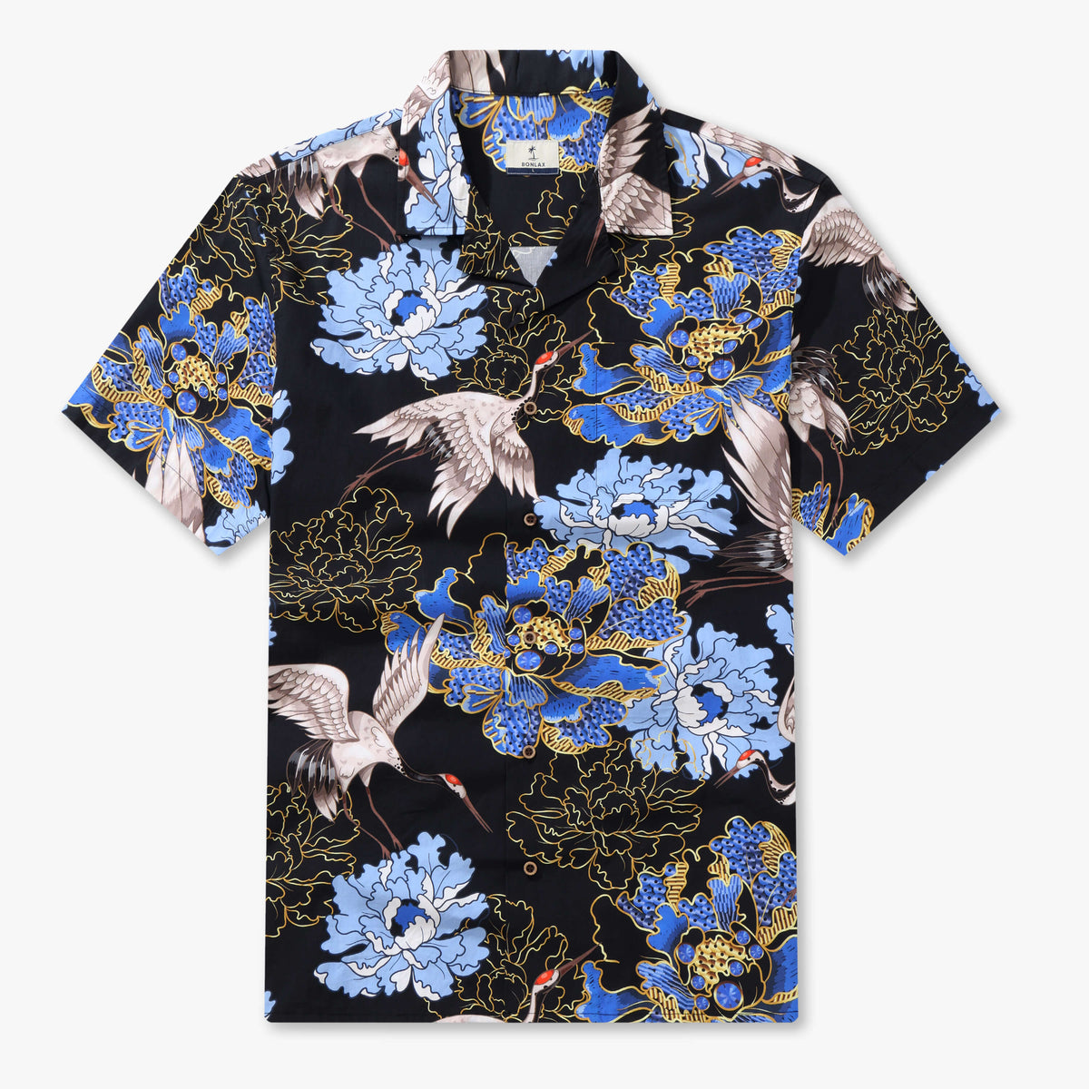 Crane Perched on Blue Peonies Camp Shirt