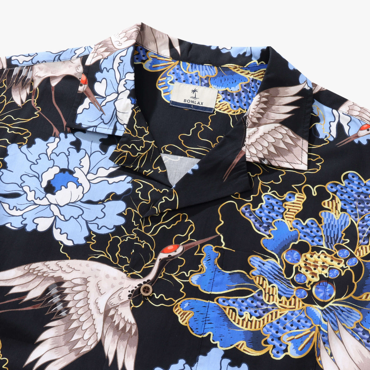 Crane Perched on Blue Peonies Camp Shirt