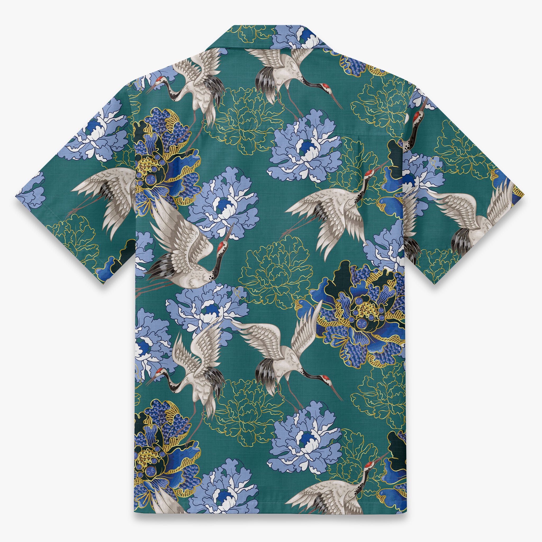 Crane Perched on Blue Peonies Camp Shirt