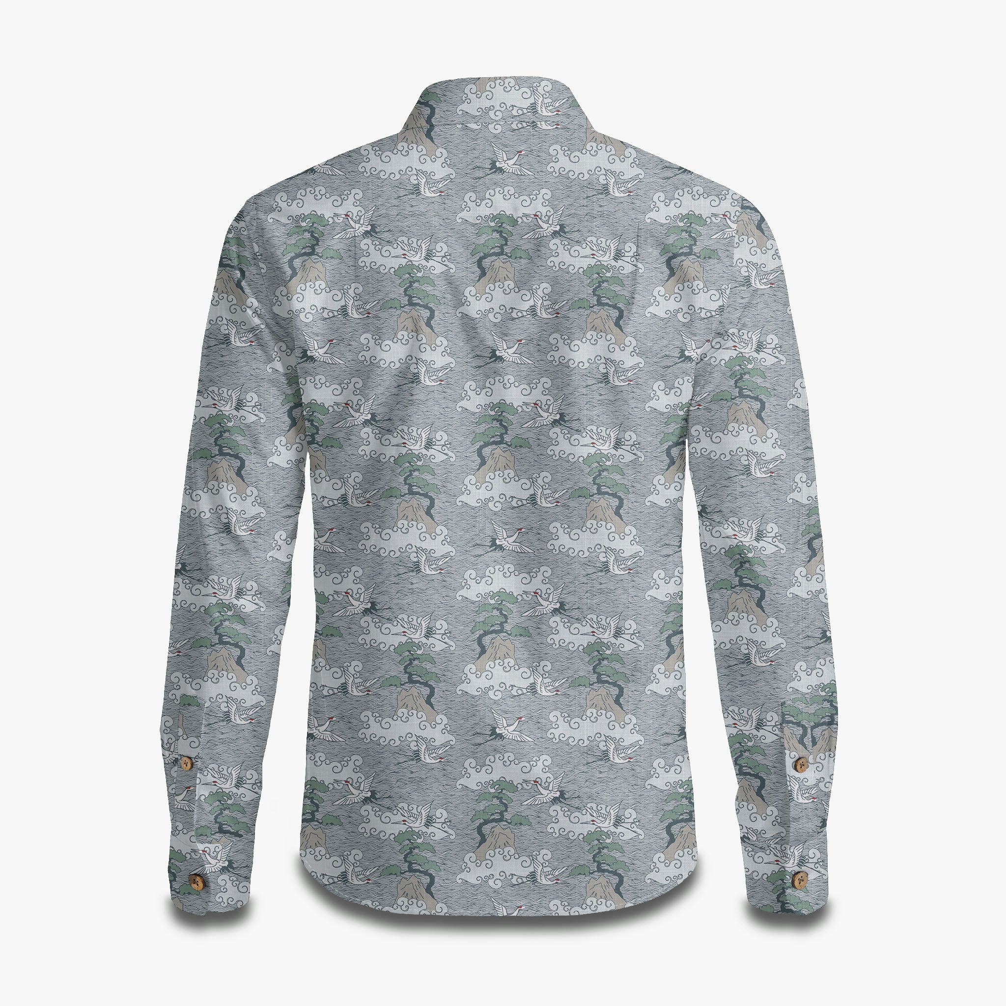 Crane & Waves Print Long Sleeve Shirt