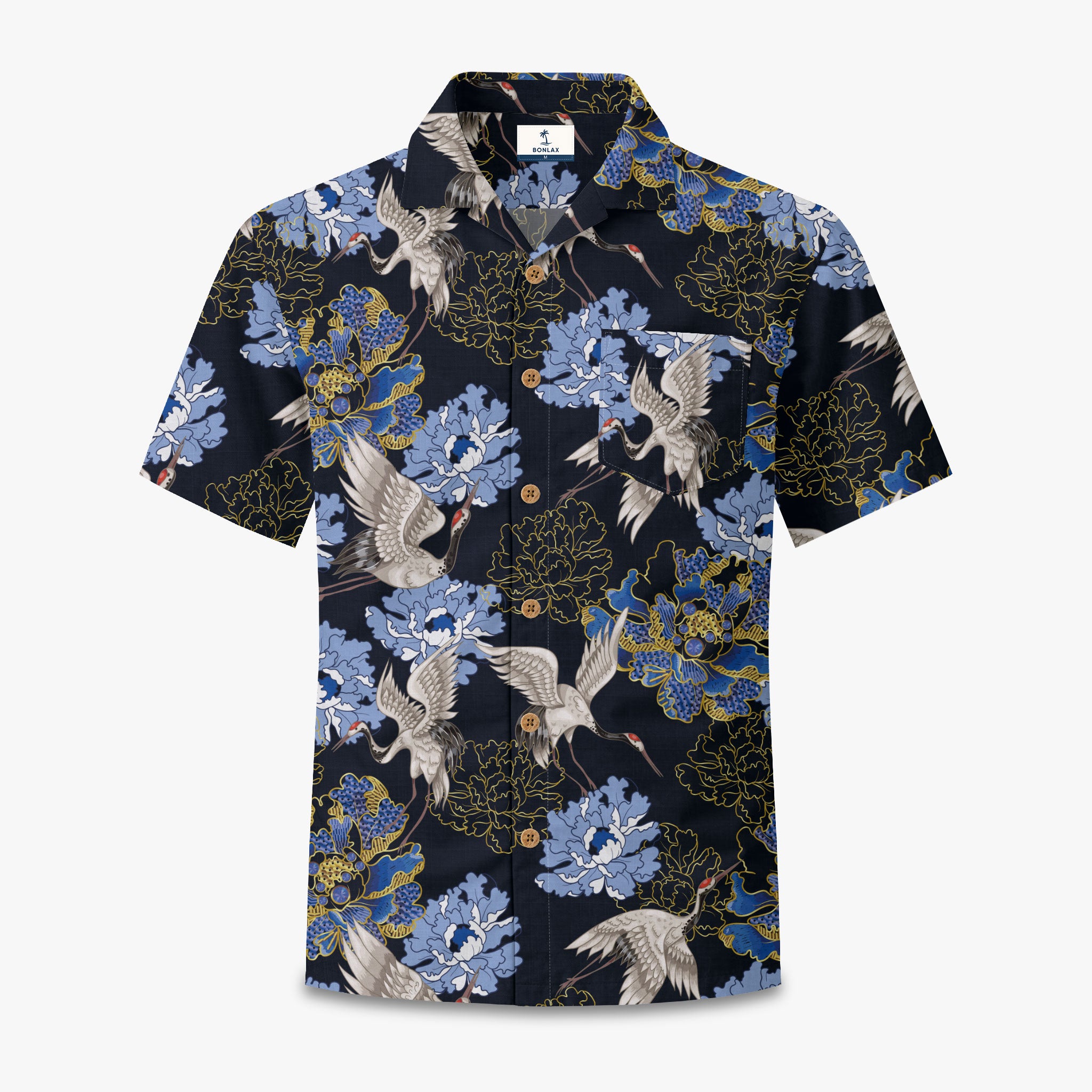 Crane Perched on Blue Peonies Camp Shirt