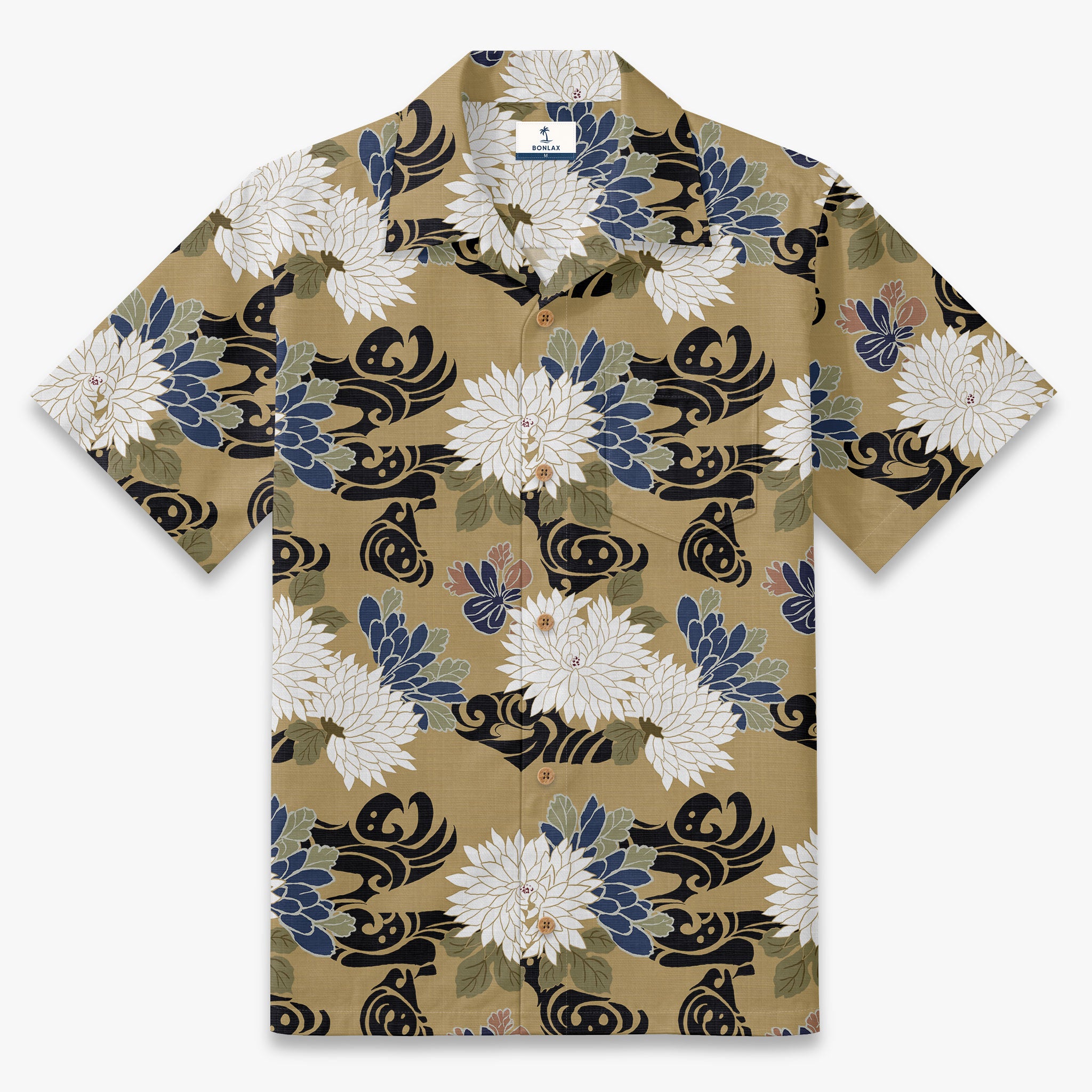 Navy Brocade Chrysanthemum Camp Shirt