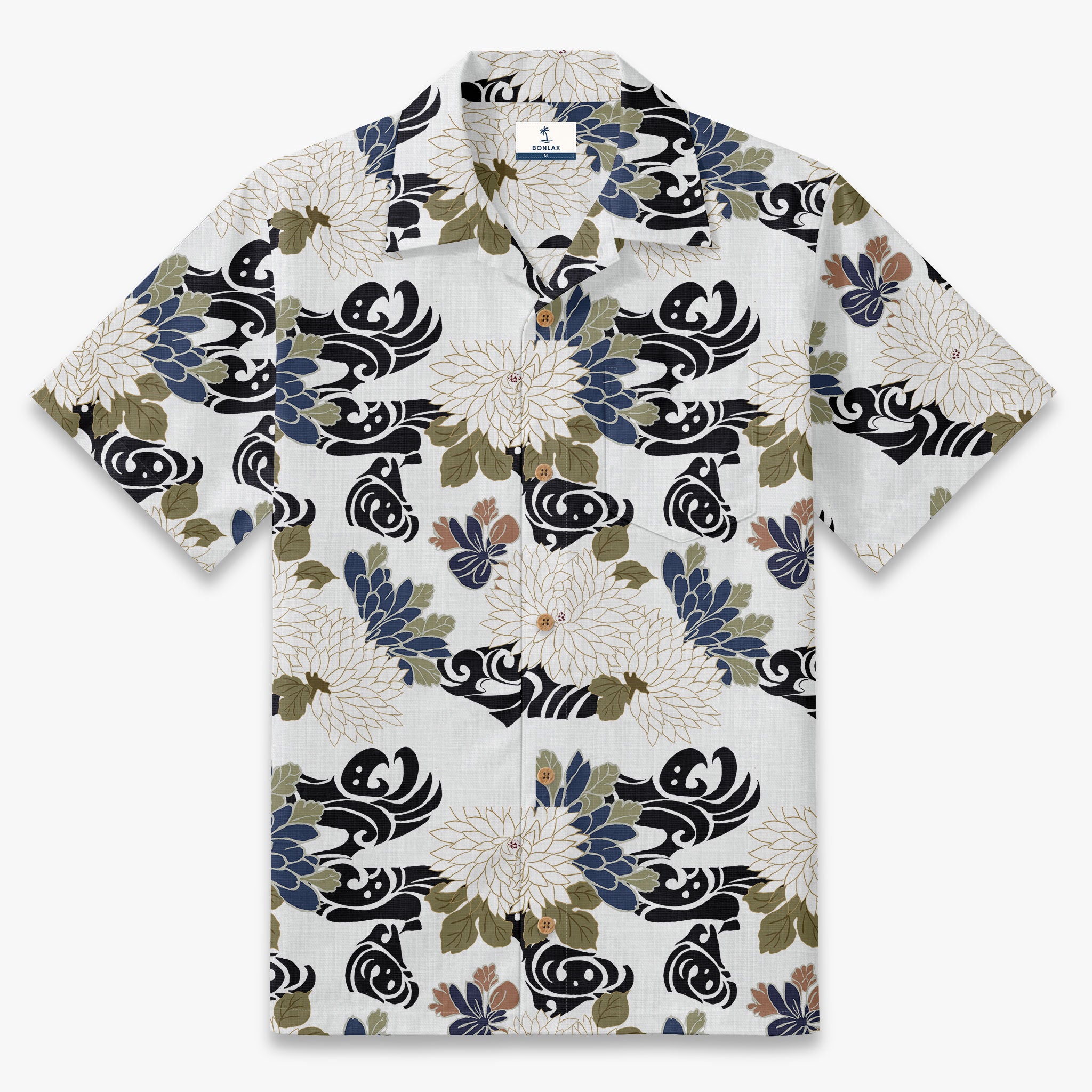 Navy Brocade Chrysanthemum Camp Shirt