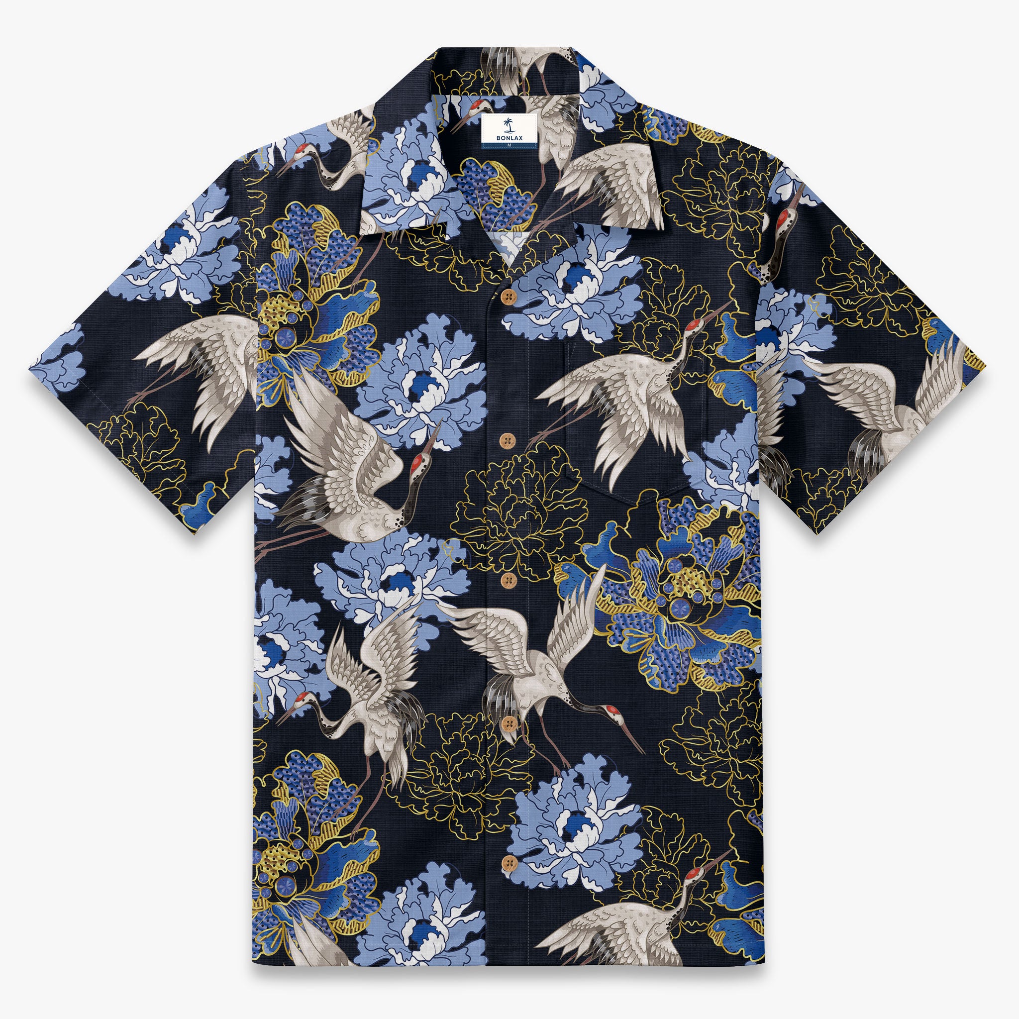 Crane Perched on Blue Peonies Camp Shirt