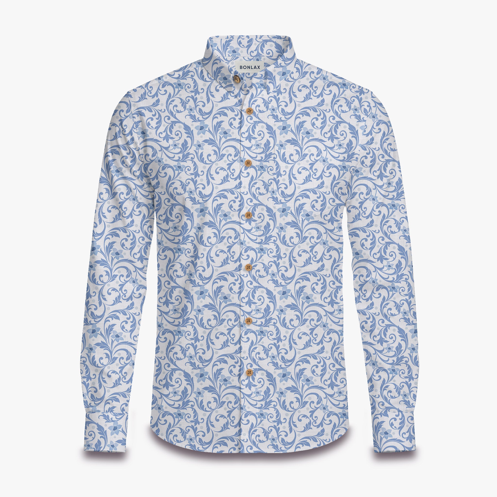 Men's Blue Flower Shirt | Porcelain Inspired Long Sleeve | Bonlax