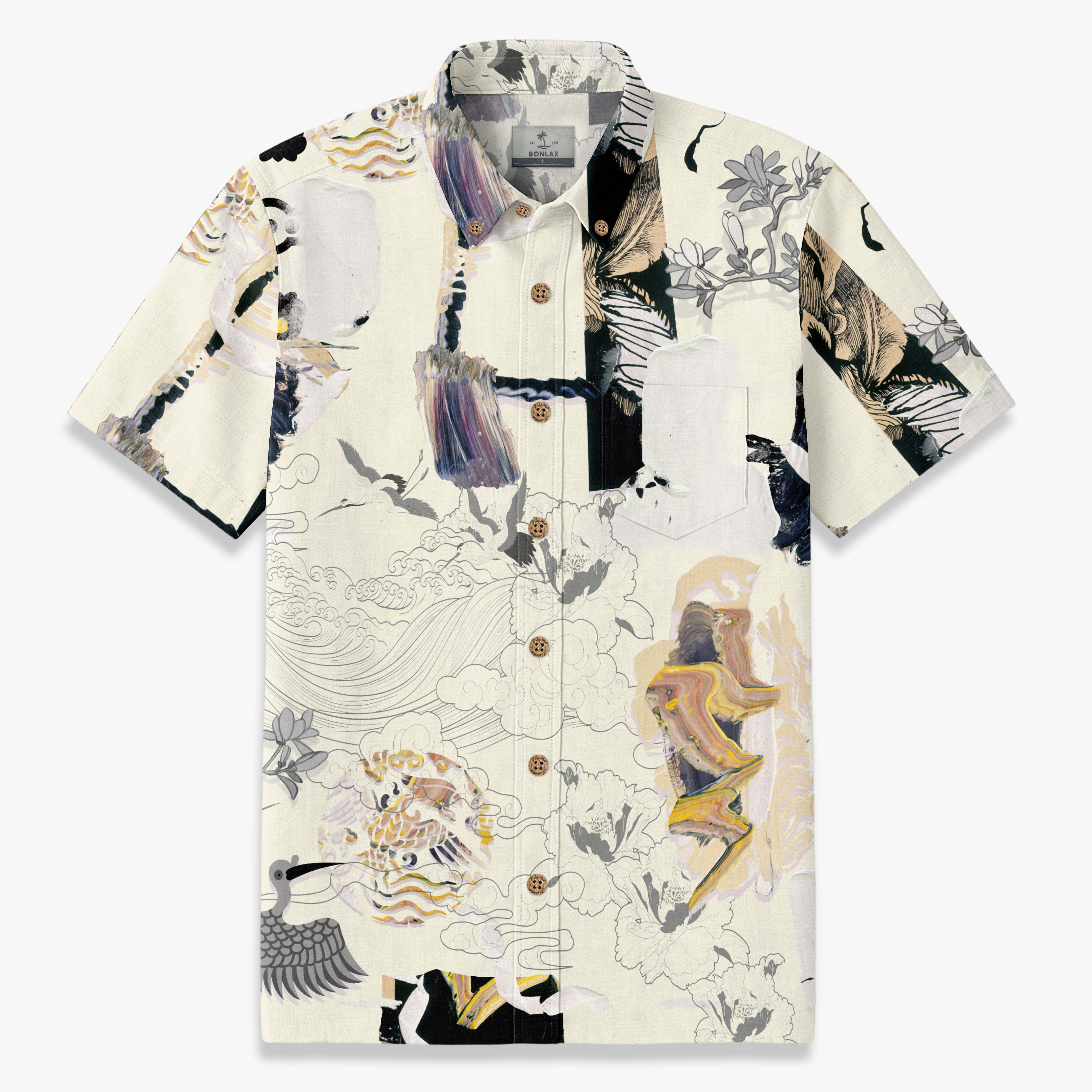 Men's Ukiyo-e Crane Collage Cotton Shirt - Khaki Front View