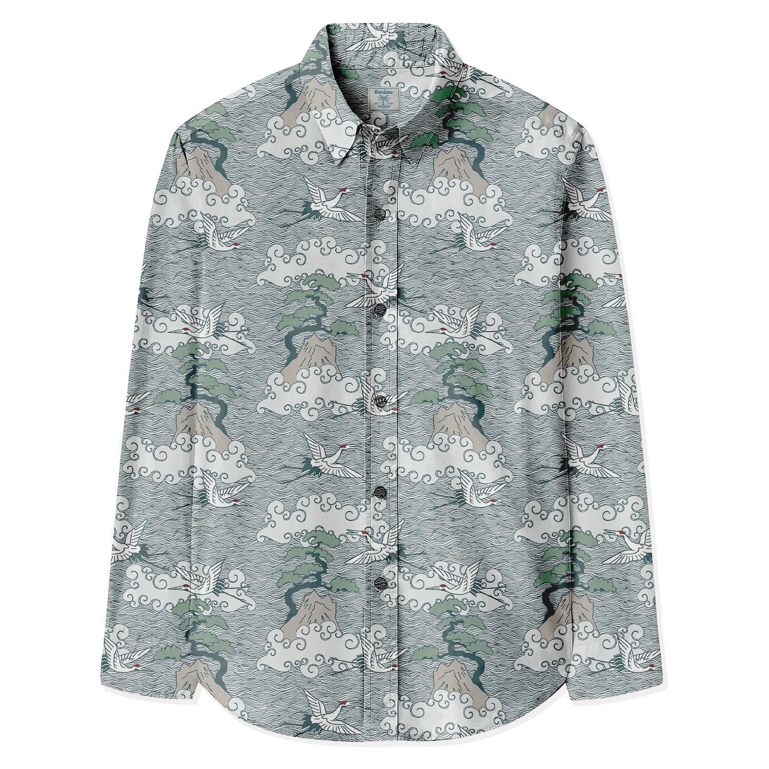 Crane & Waves Print Long Sleeve Shirt - Bonlax - Bonlax