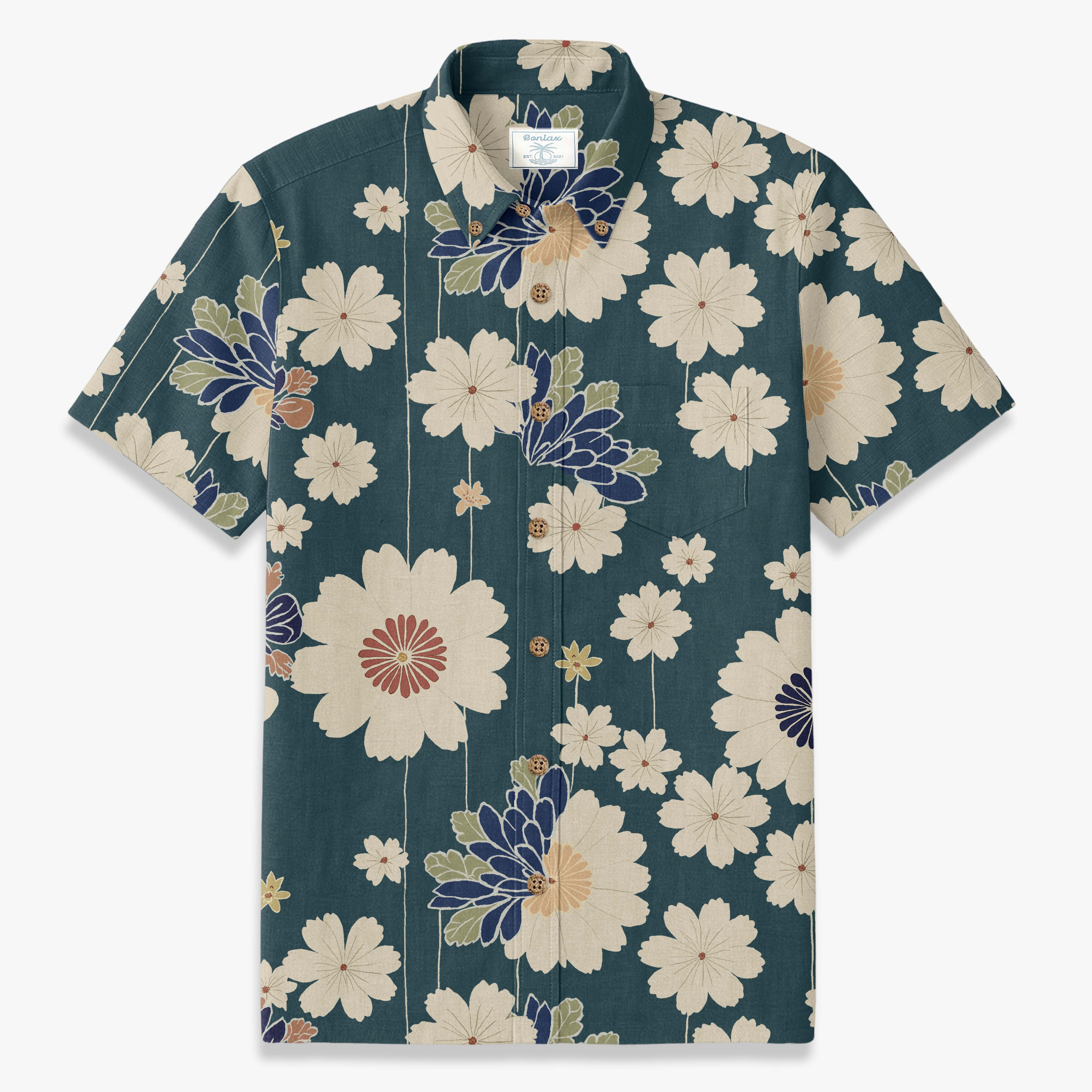 Man wearing a romantic oil painting style floral shirt at a summer garden event - Modern artistic menswear