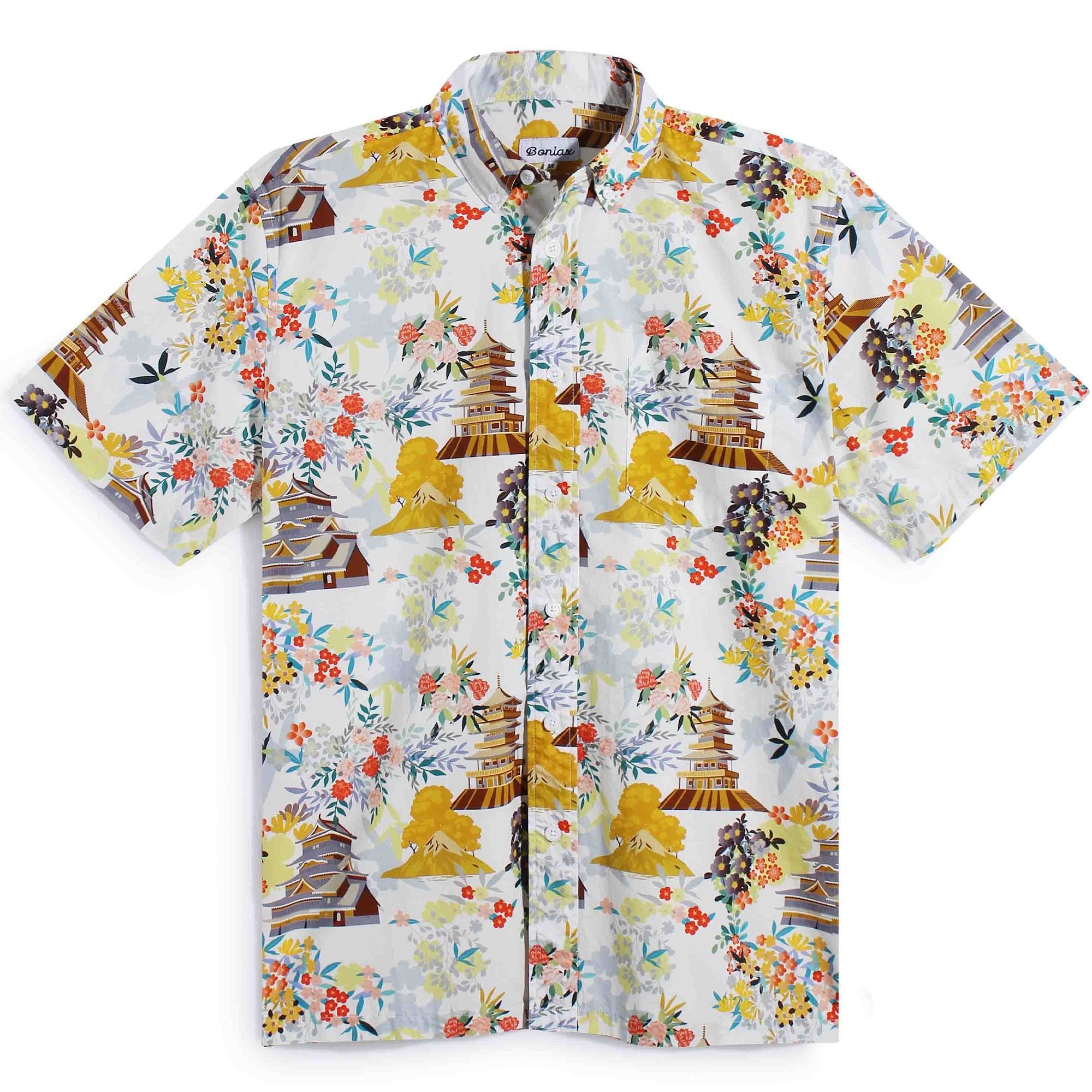 japanese style dress shirt Men's Tower Flower Shirt | Vintage Architecture & Floral Print