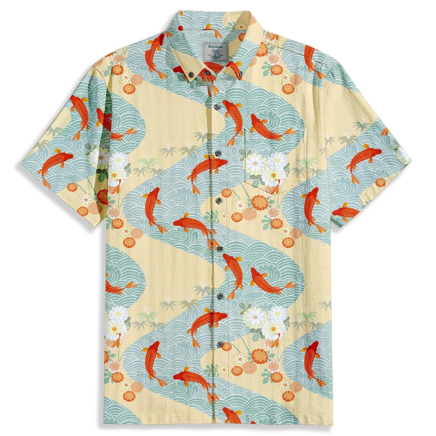 Striped Koi Print Short Sleeve Shirt - Bonlax - Bonlax