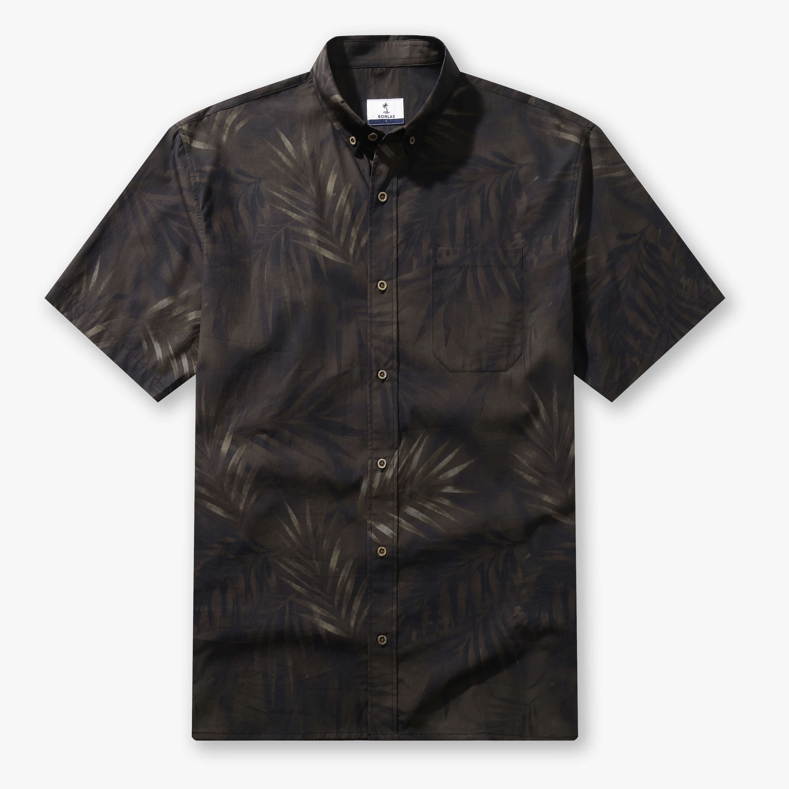 Men’s Shadow Palm 100% cotton short-sleeve shirt in sage green with a subtle tonal palm print, front view