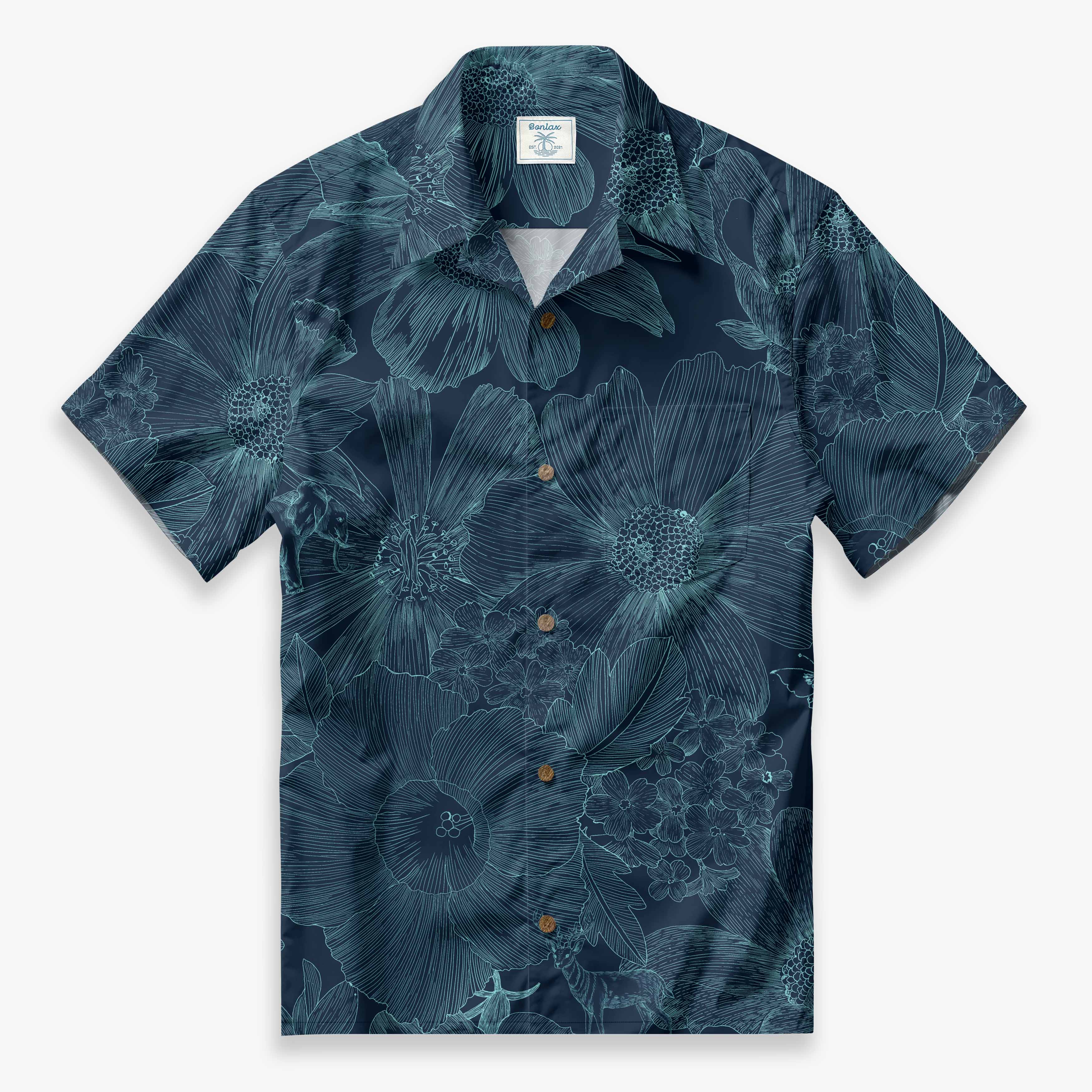 Men's Indigo Elephant Shirt | Exotic Floral Camp Collar | Bonlax