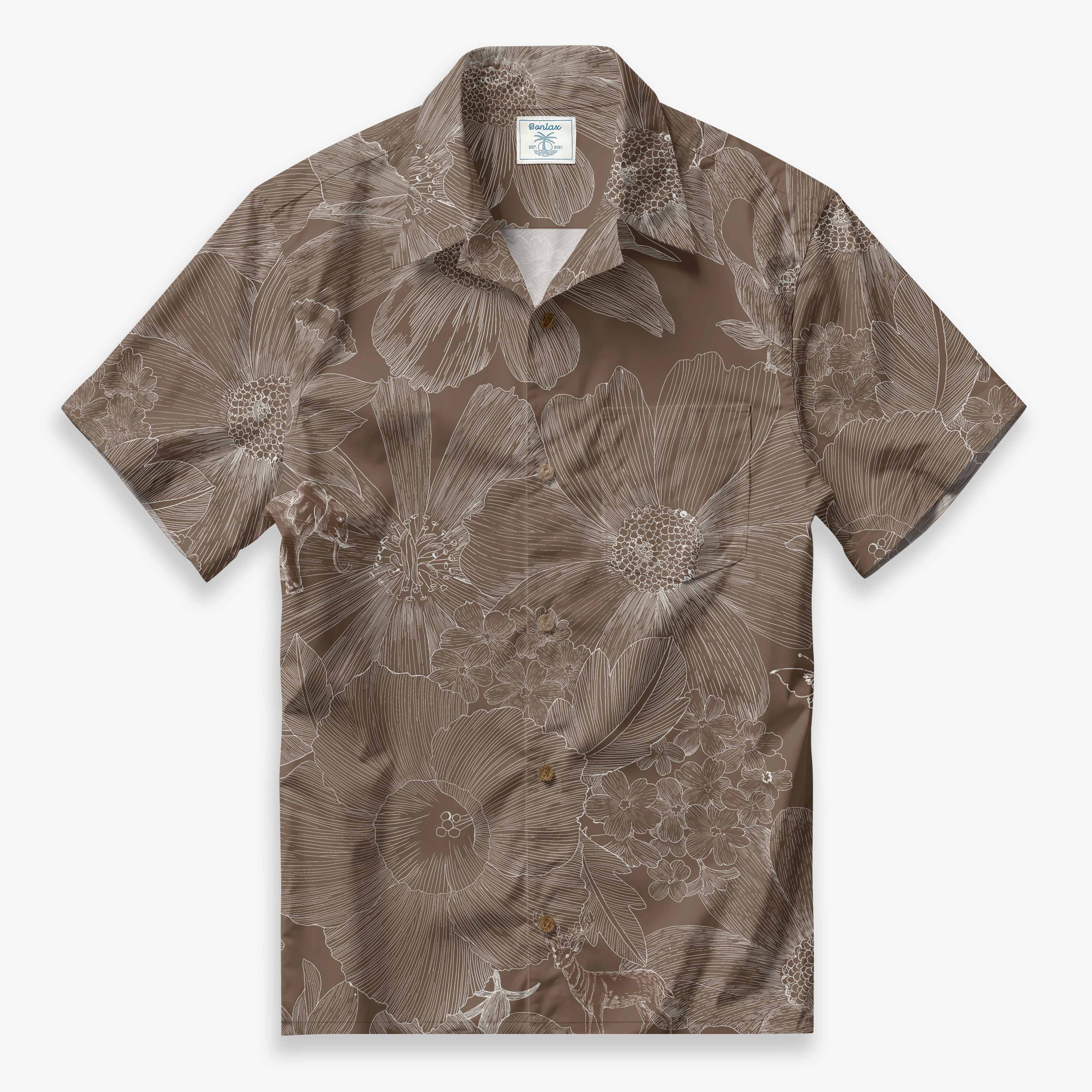 Men's Indigo Elephant Shirt | Exotic Floral Camp Collar | Bonlax
