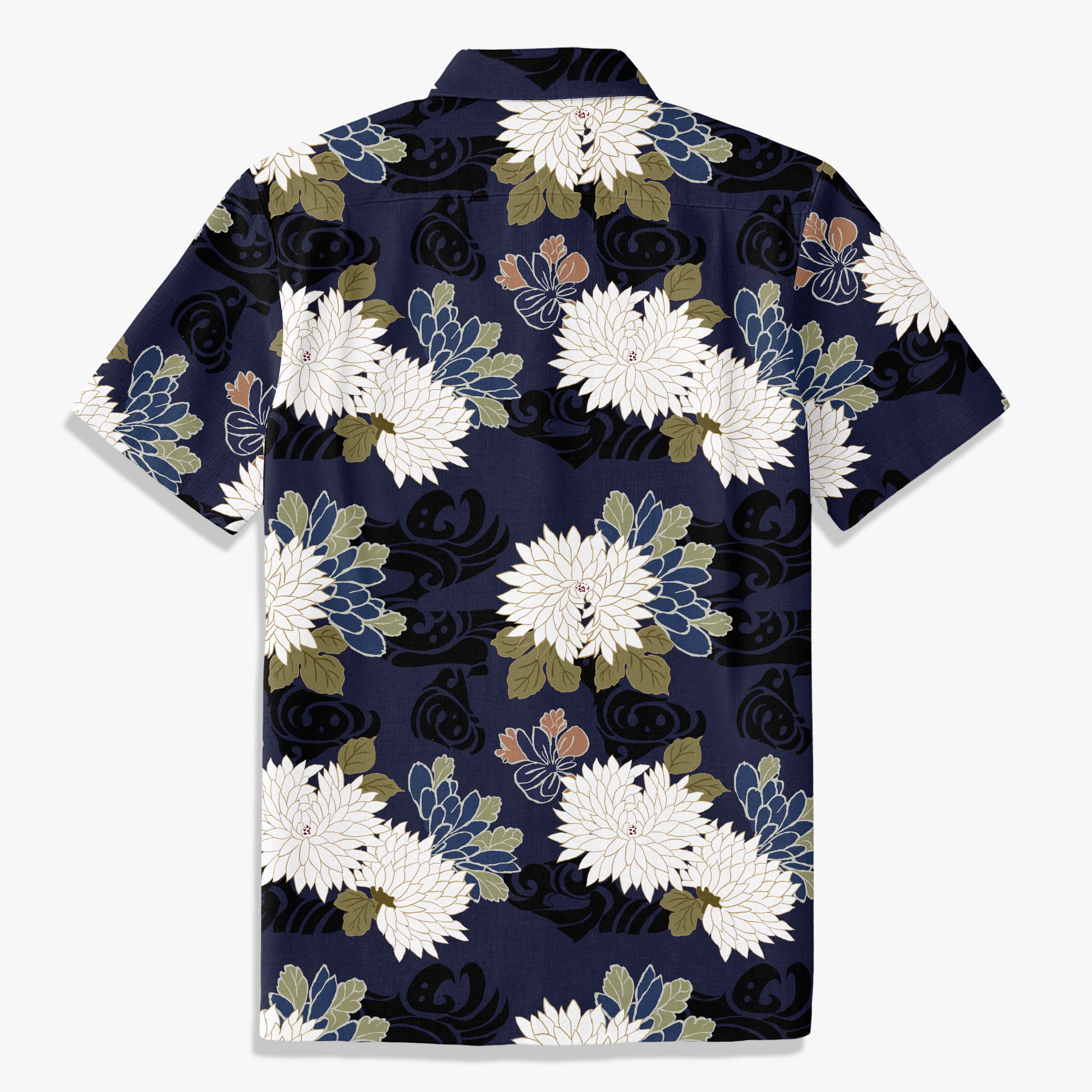 Navy Brocade Chrysanthemum Print Shirt