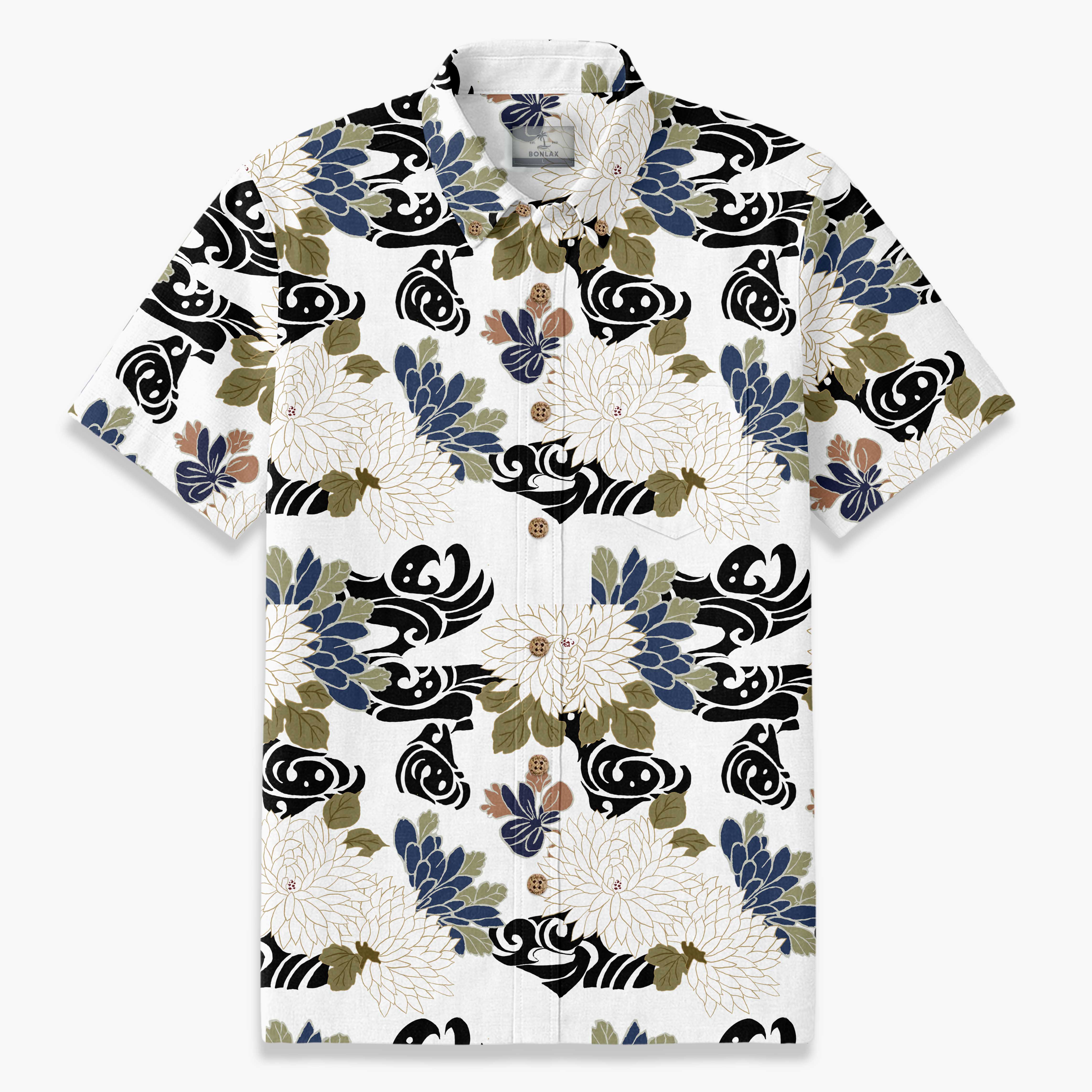 Navy Brocade Chrysanthemum Print Shirt