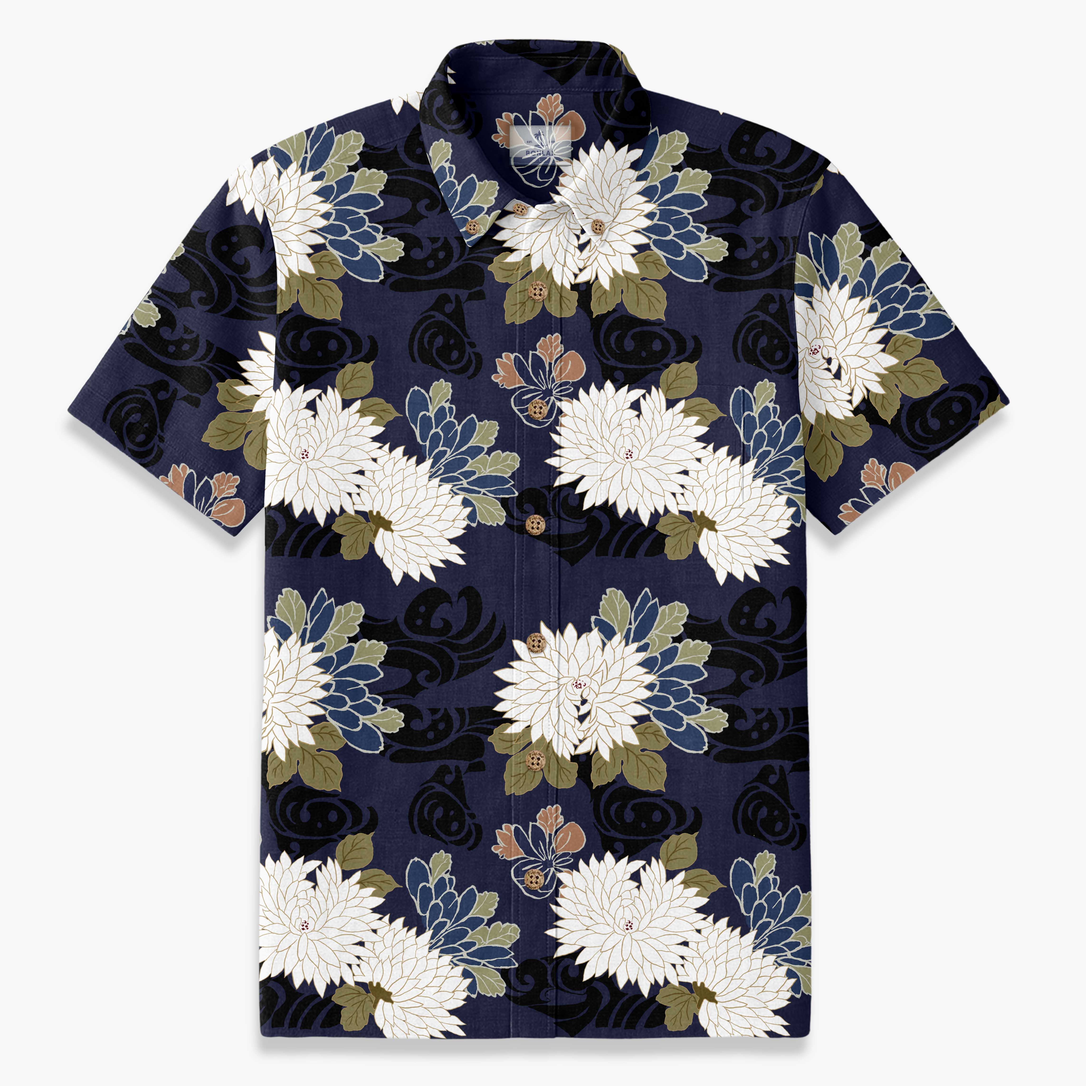 Navy Brocade Chrysanthemum Print Shirt