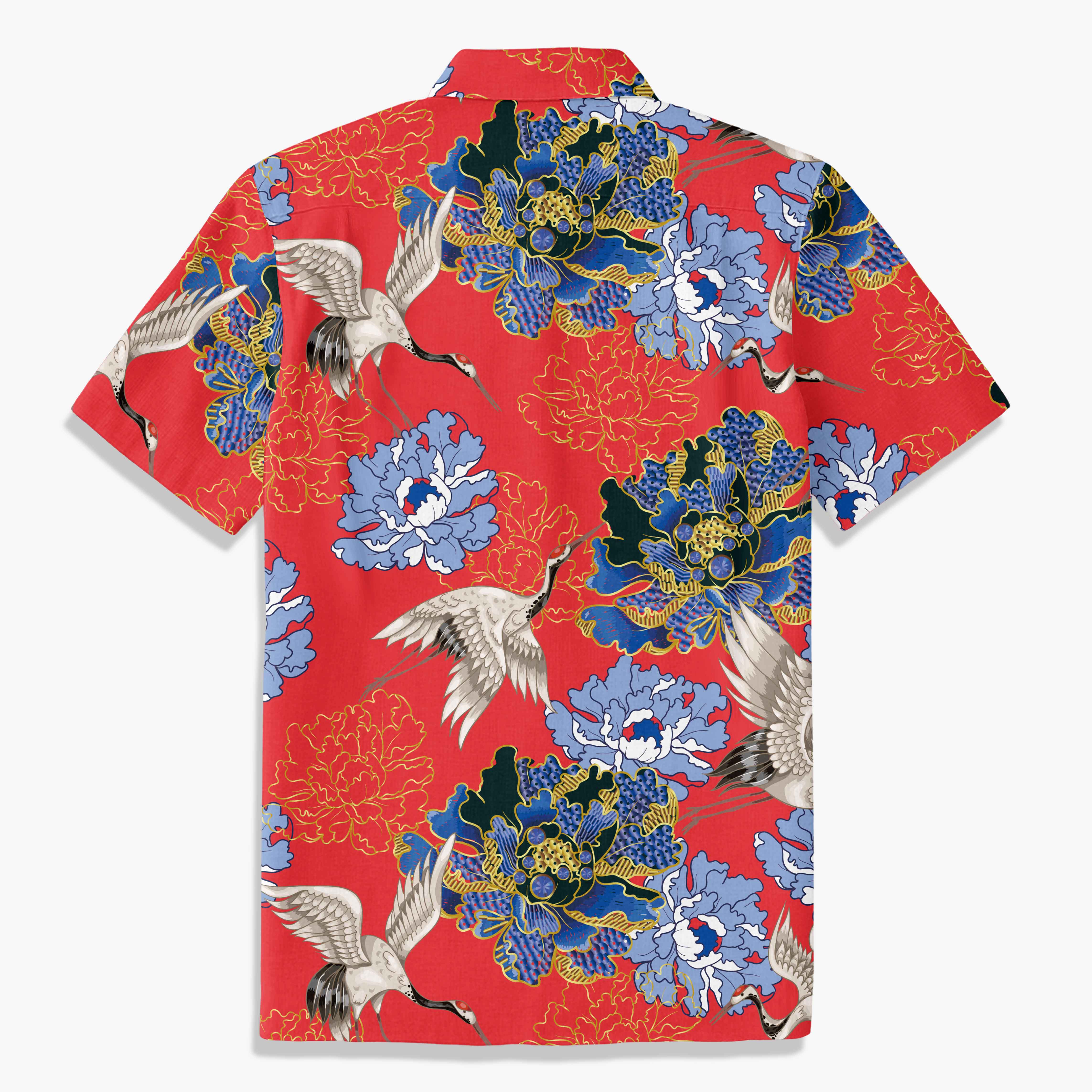 Crane Perched on Blue Peonies