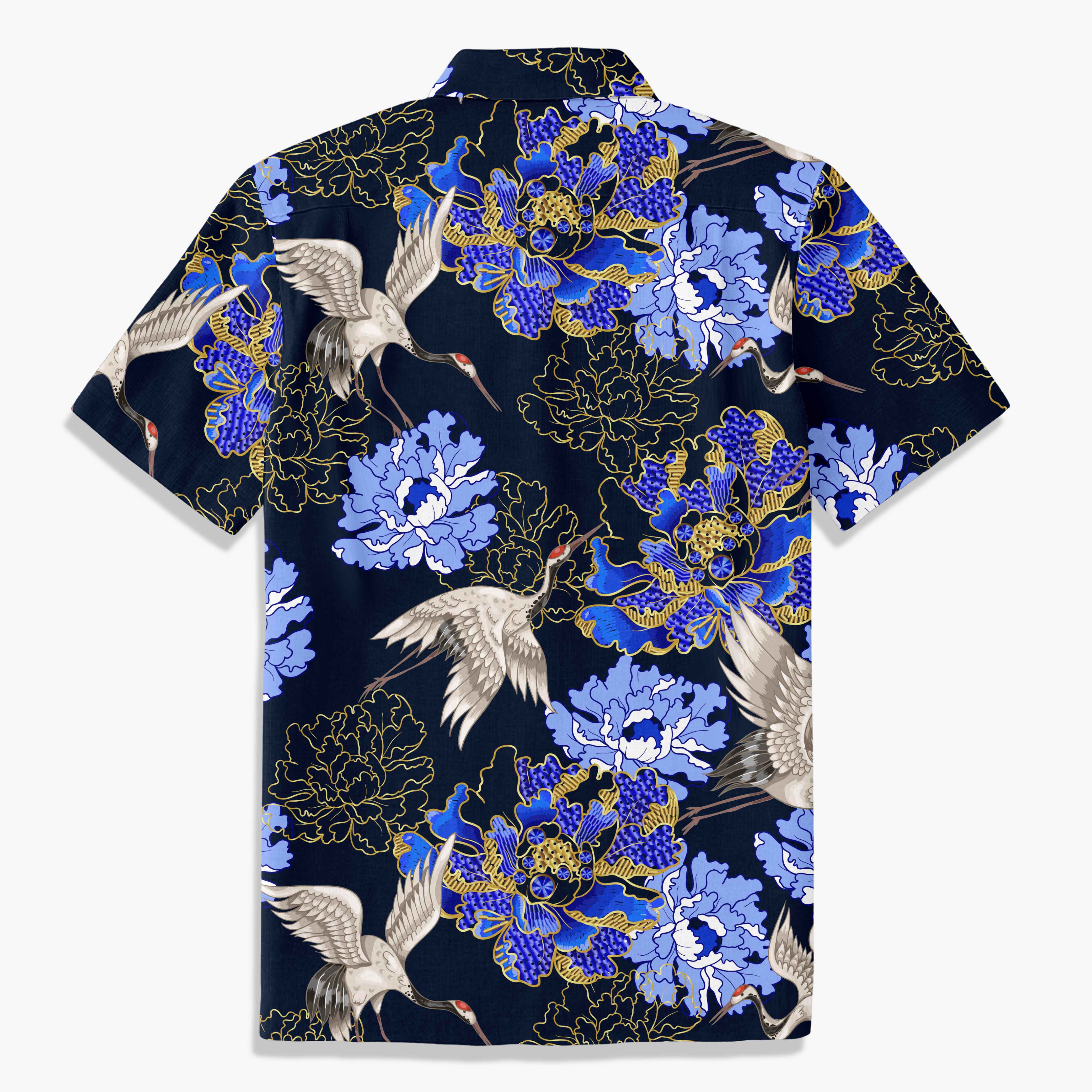 Crane Perched on Blue Peonies