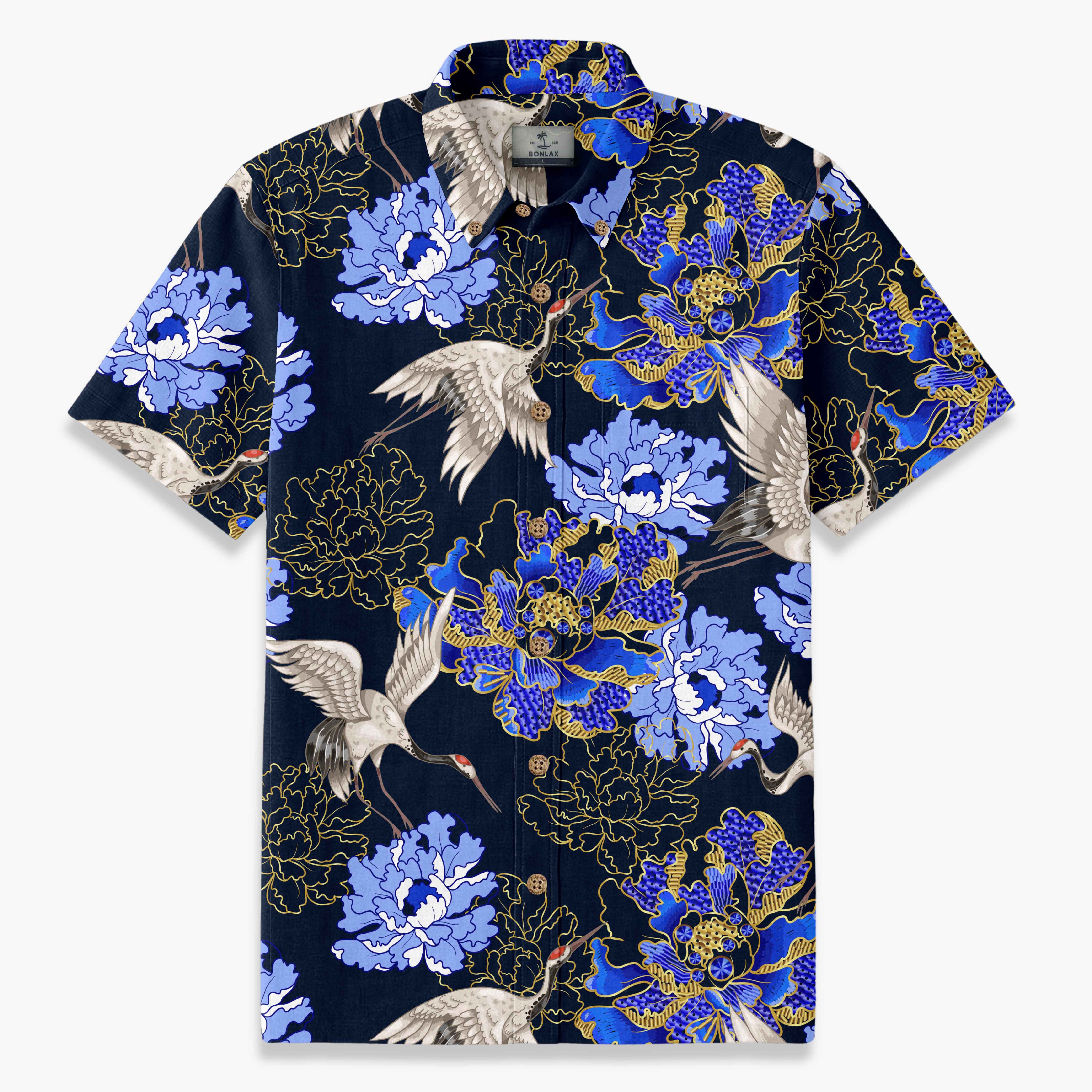 Crane Perched on Blue Peonies