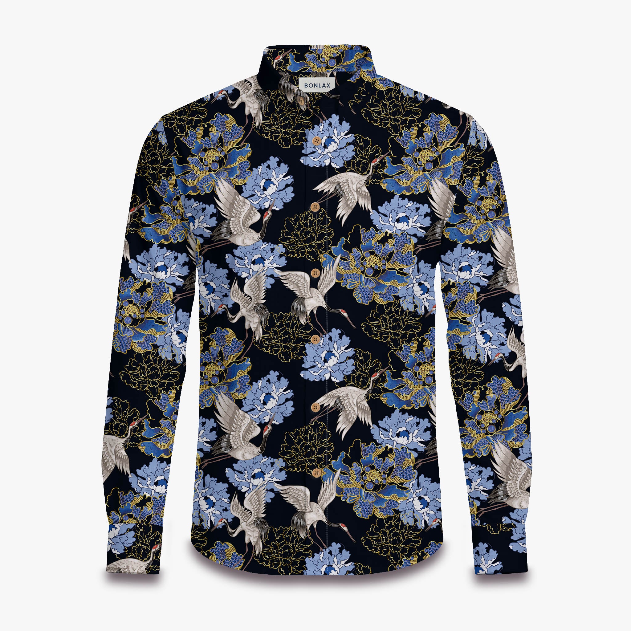 Crane Perched on Blue Peonies Long Sleeve Shirt
