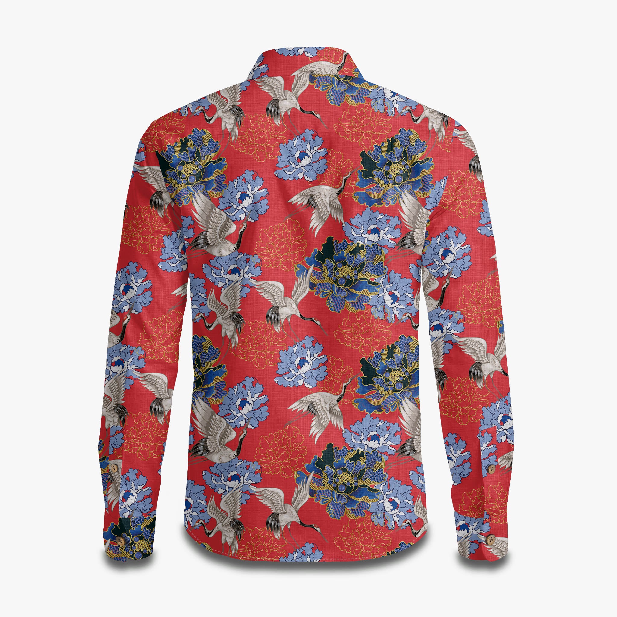 Crane Perched on Blue Peonies Long Sleeve Shirt