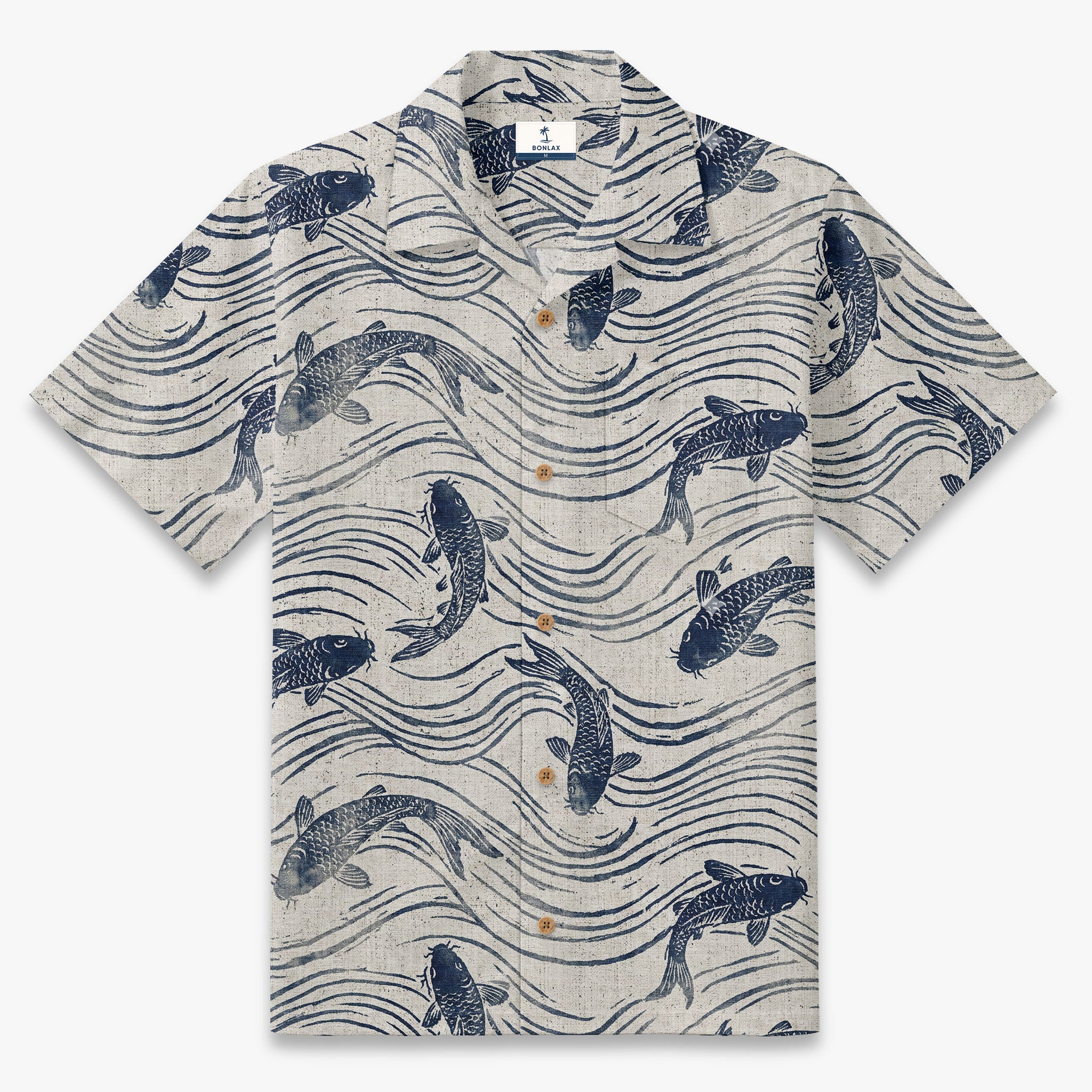 Woodblock Wave & Fin Camp Shirt