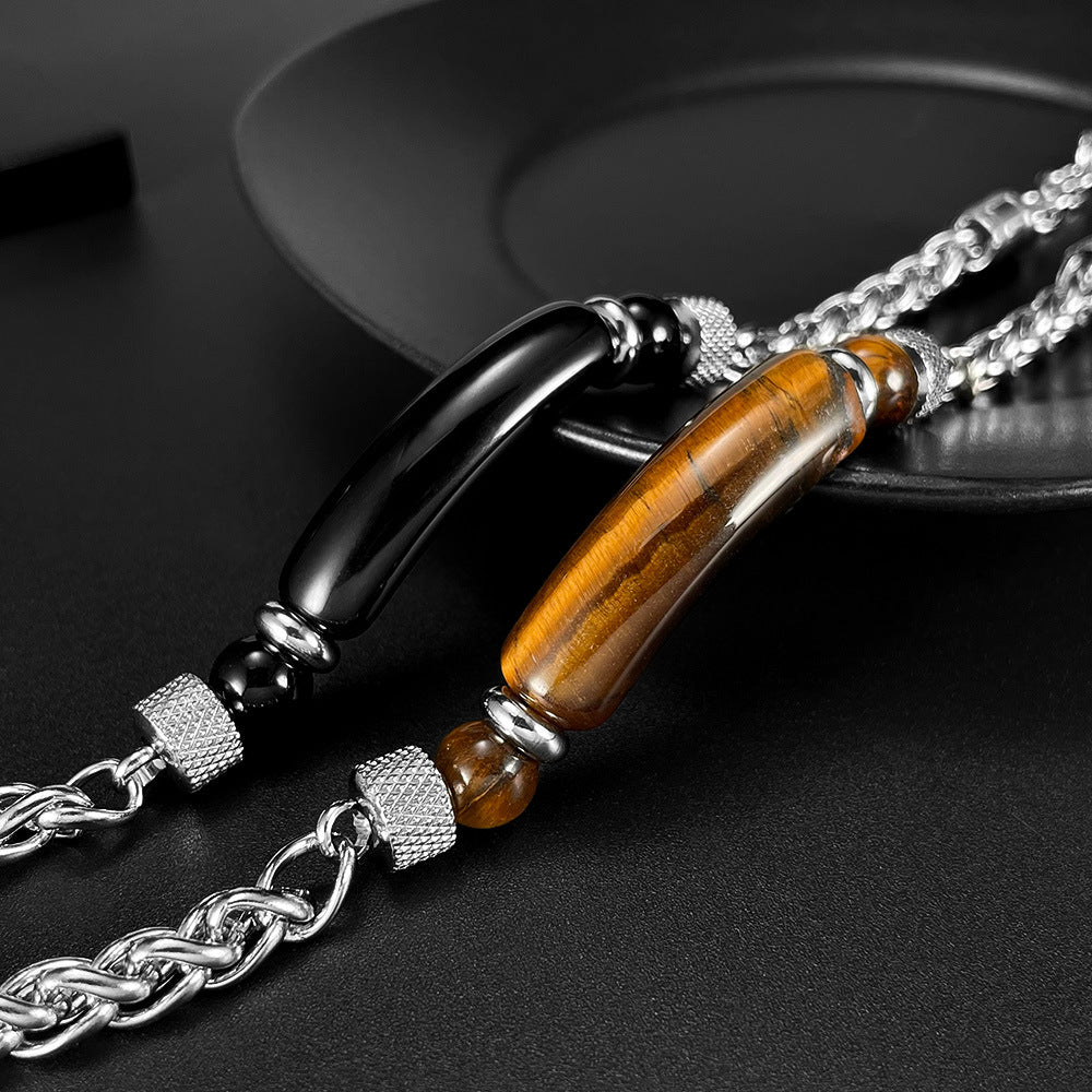 Stylish Retro Men's Bracelet: Stainless Steel Chain Spliced with Tiger's Eye and Titanium Steel