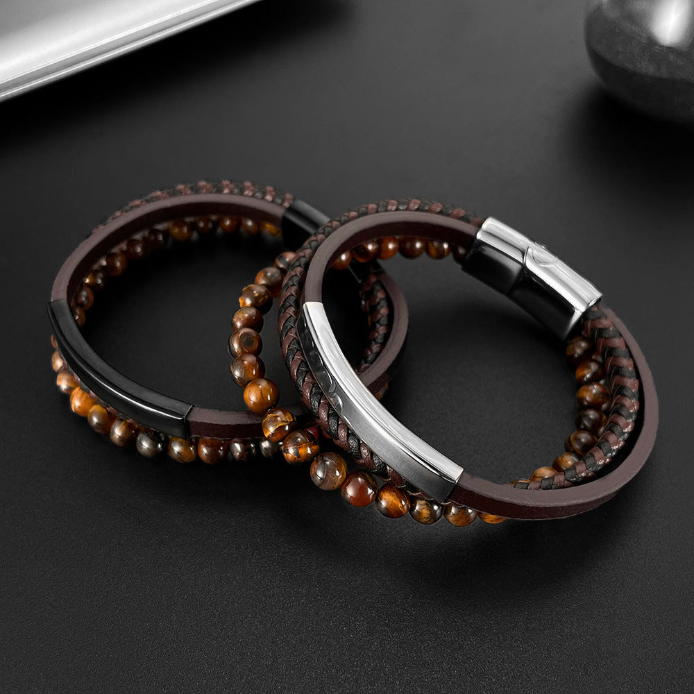 Street-style tiger's eye beaded bracelet – distinctive vintage multi-layer braided leather design