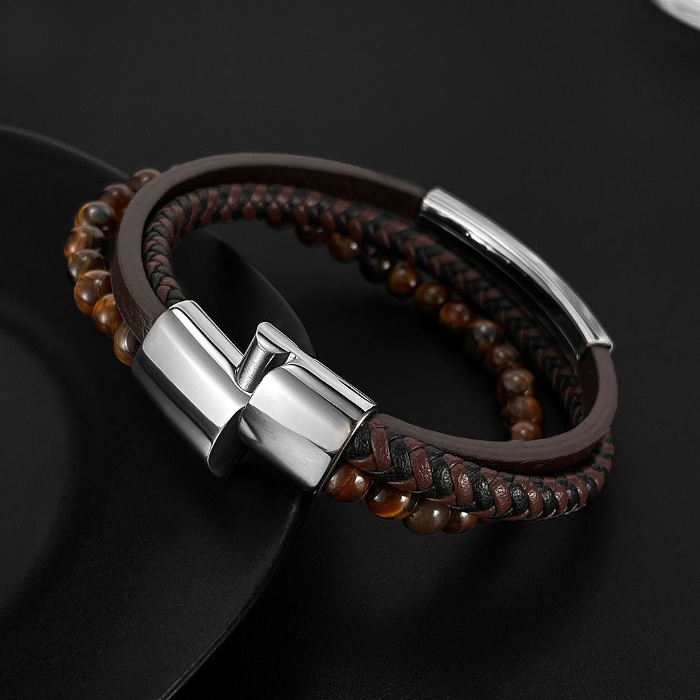 Street-style tiger's eye beaded bracelet – distinctive vintage multi-layer braided leather design